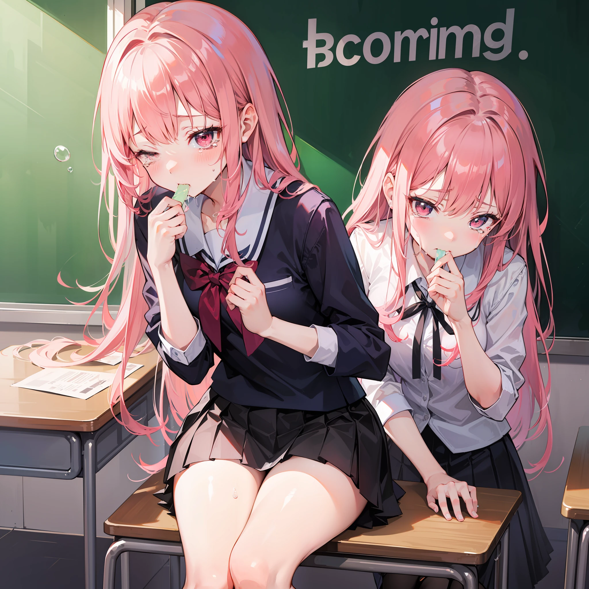 1 long hair, girl in school uniform, miniskirt, pink hair, looking away, sitting and spreading crotch, embarrassed, blushing, crying, mouth closed, classroom (girl leaking pee)