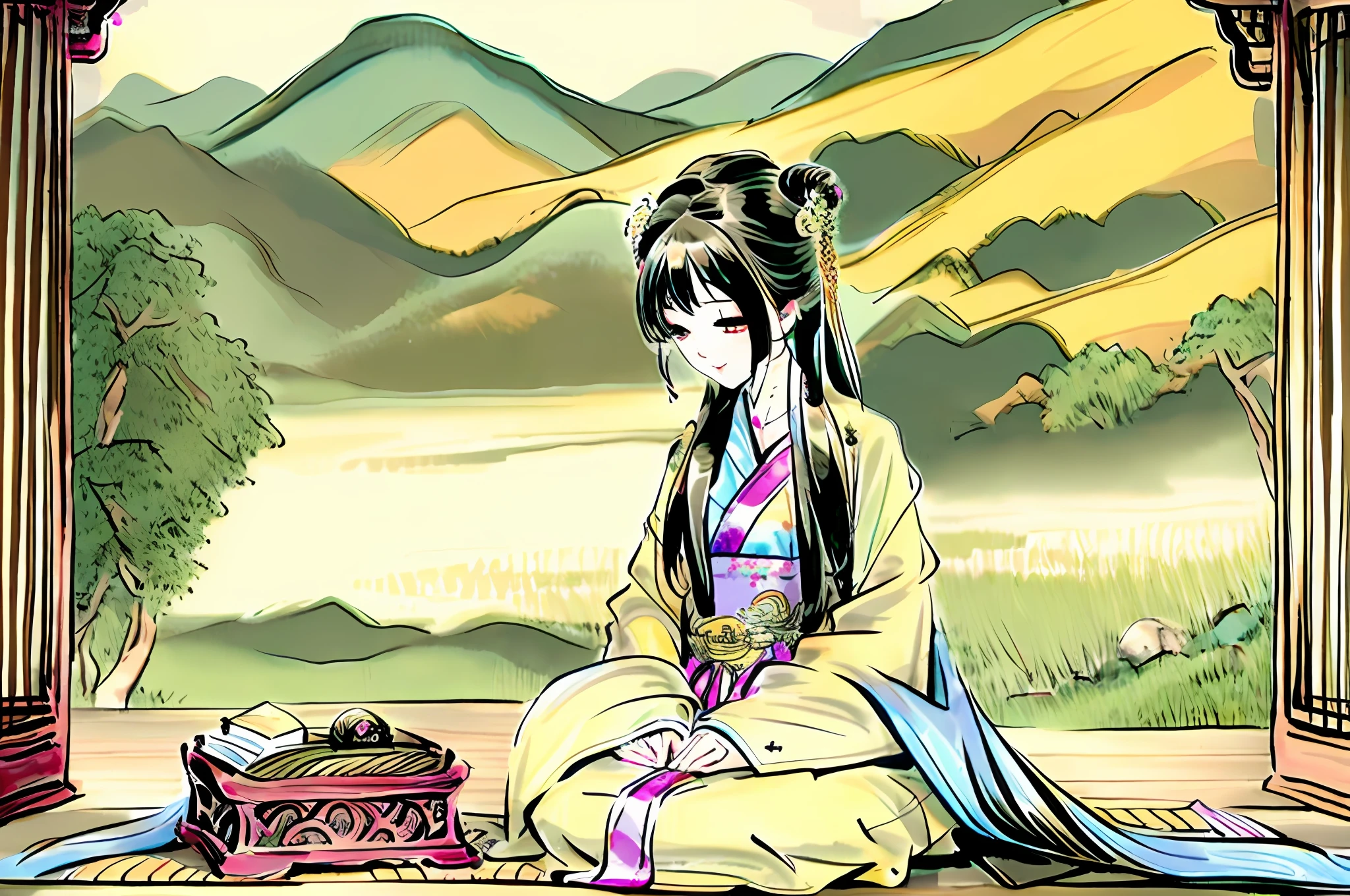 Kizi,Beautuful Women,brunette color hair,Sit and play the guzheng,Fine,long whitr hair,Landscape background