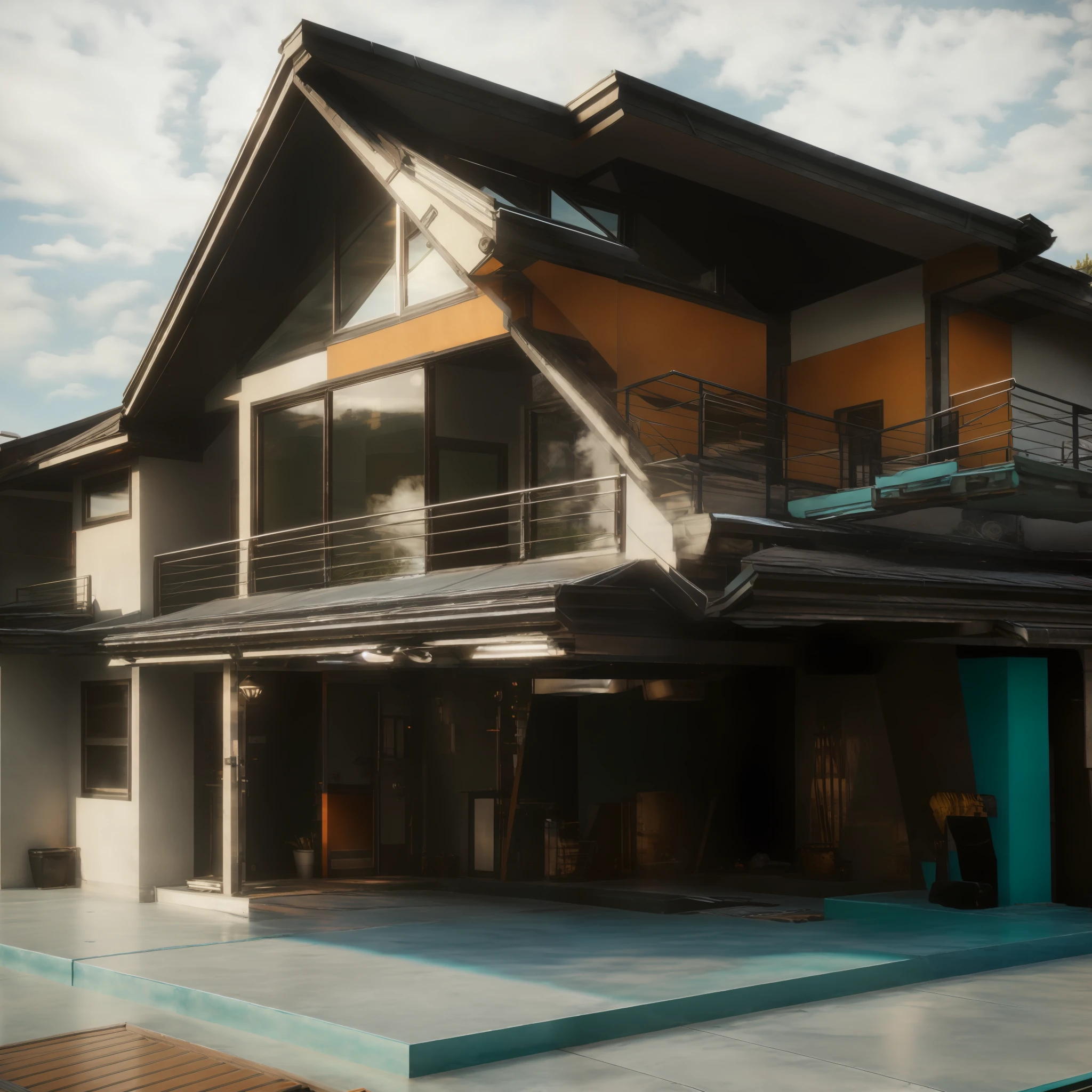 Jugendstil, hi-tech, High-tech house, Art Nouveau house, cottage, white siding, black siding, white brick, black brick, Orange outline, Turquoise windows, turquoise glass, Solar power plant on the roof, Meals at home, Three floors, Garage, workshop, Open gates, Raised gates, Orange Gate, balcony with greenhouse, balcony with hydroponics, Photorealistic, 8K, Best Quality.
