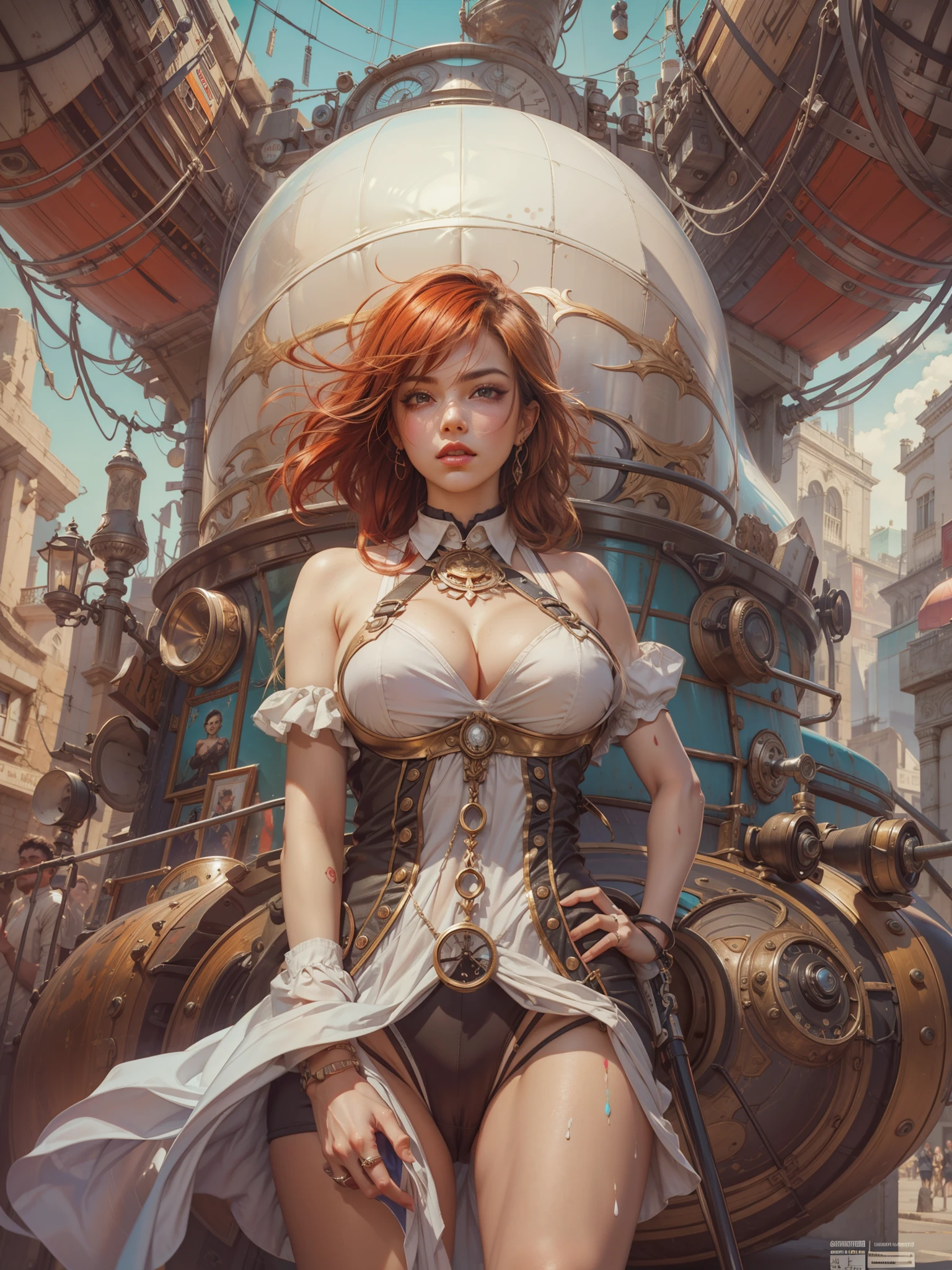 suggestive pose, random hair color, random eye color, tenebrism art style painting,oil on canvas,(((gigantic large natural sagging bosoms,very marked cameltoe))),steampunk airship background landscape,full steampunk clothes intricade detail, WLOP, sakimichan,Greg rutkowski, Alfonse mucha, makoto shinkai, stanley artgem lau, rossdraws, hyperrealistic,trending on Artstation, Unreal Engine 5, 8k,concept art,digital paint, splash art, splash paint, face portrait,grunge painting, by banksy, by greg tocchini, by james gilleard, by joe fenton, by kaethe butcher, insanely detailed, symmetrical, octane render, concept art, artistic, cinematic, ultra sharp focus, highly detailed, vibrant soul, perfection