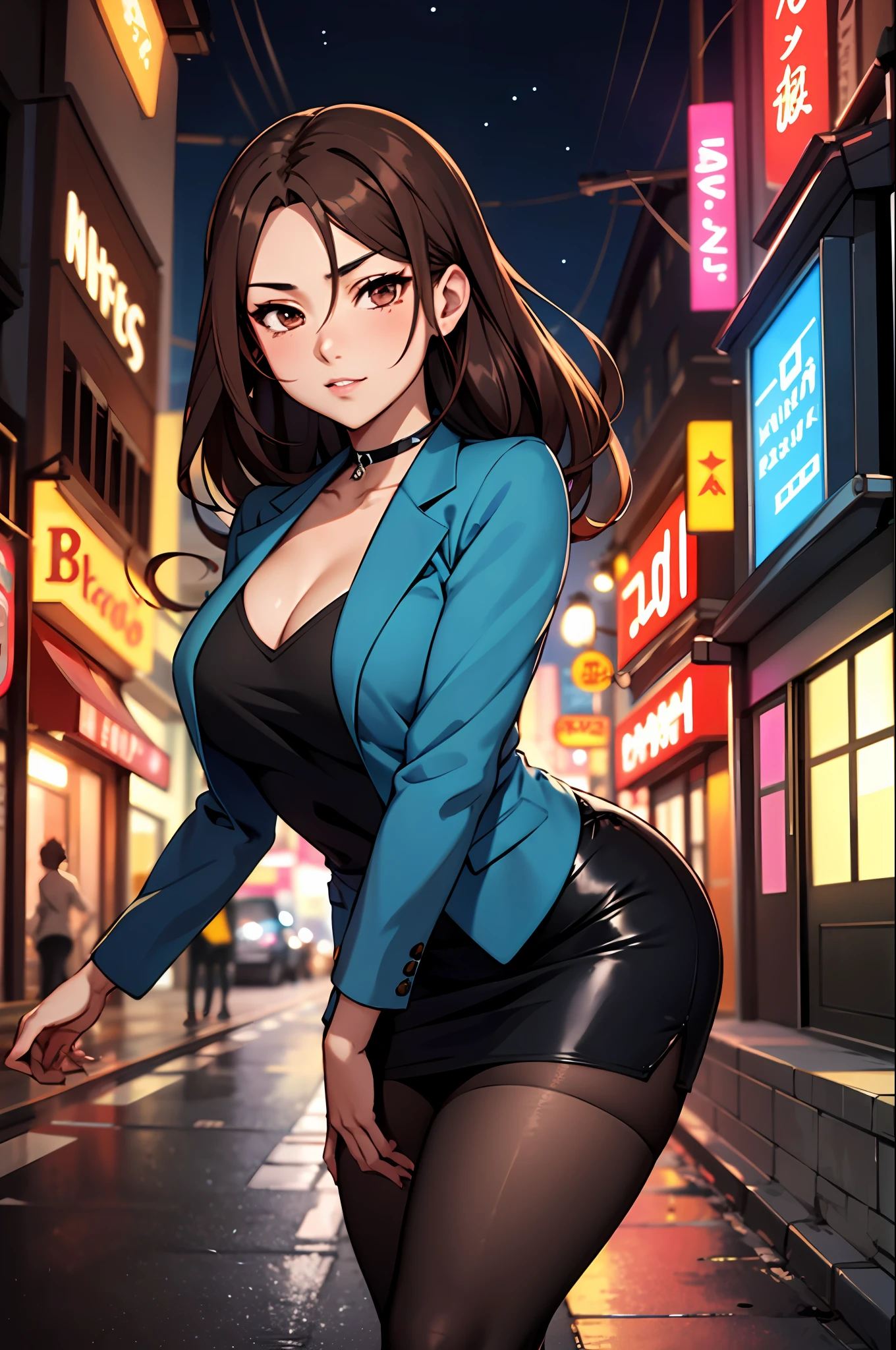 Bewitching anime girl in blue suit and tight skirt、Black tights,Inviting look、black top and brown hair,,,,,,,Ecchi anime style, bending forward,Kamimei,Red Light District at Night,neons
