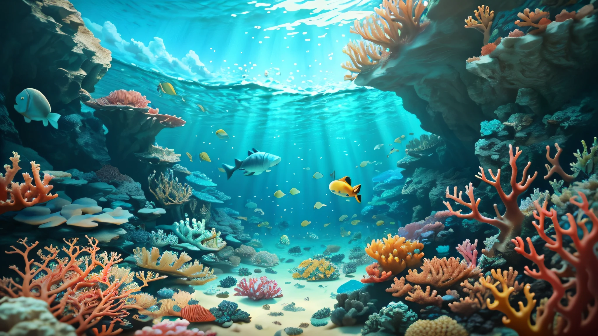 there is a large group of fish swimming in the ocean, undersea environment, underwater environment, tropical reef, the reef, underwater scenery, Underwater scene, underwater landscape, underwater with coral and fish, Underwater background, the reef, Underwater world, underwater scenery, the reef, underwater ocean, closeup cinematic aquatic scene, masterpieceunderwater scene, ocean floor, deep underwater scene