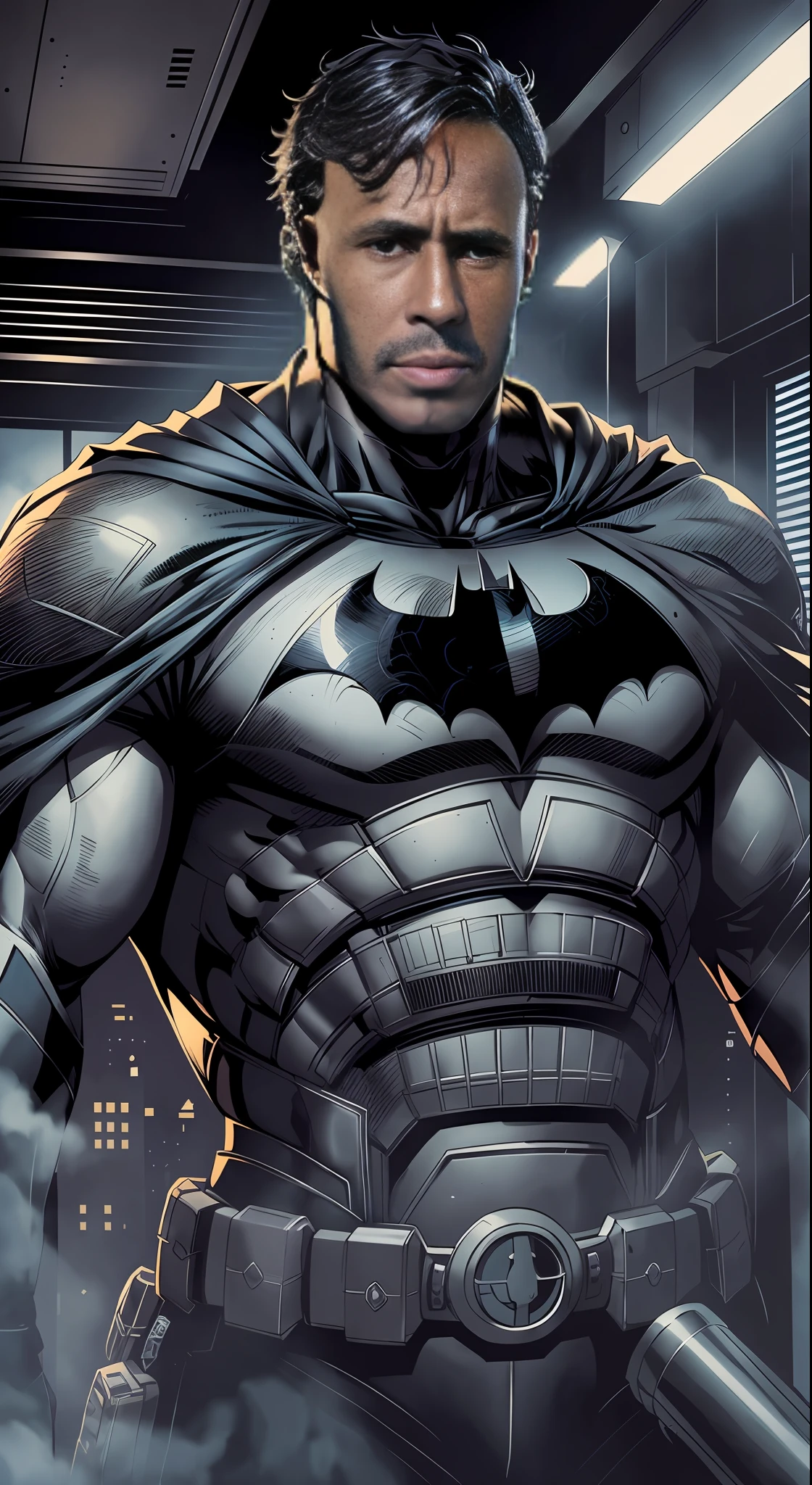 Batman standing in a dark room with a bat on his chest, Retrato do Batman, Retrato de Batman, Batman, Iconic character of high detail, inspirado em Jim Lee, Nos quadrinhos do Batman, Mecha do Batman, O Batman, Lee Bermejo, Mark Brooks detalhou, arte de quadrinhos de alto detalhe, Nos quadrinhos do Batman, Estilo de Raymond Swanland, sem texto --auto