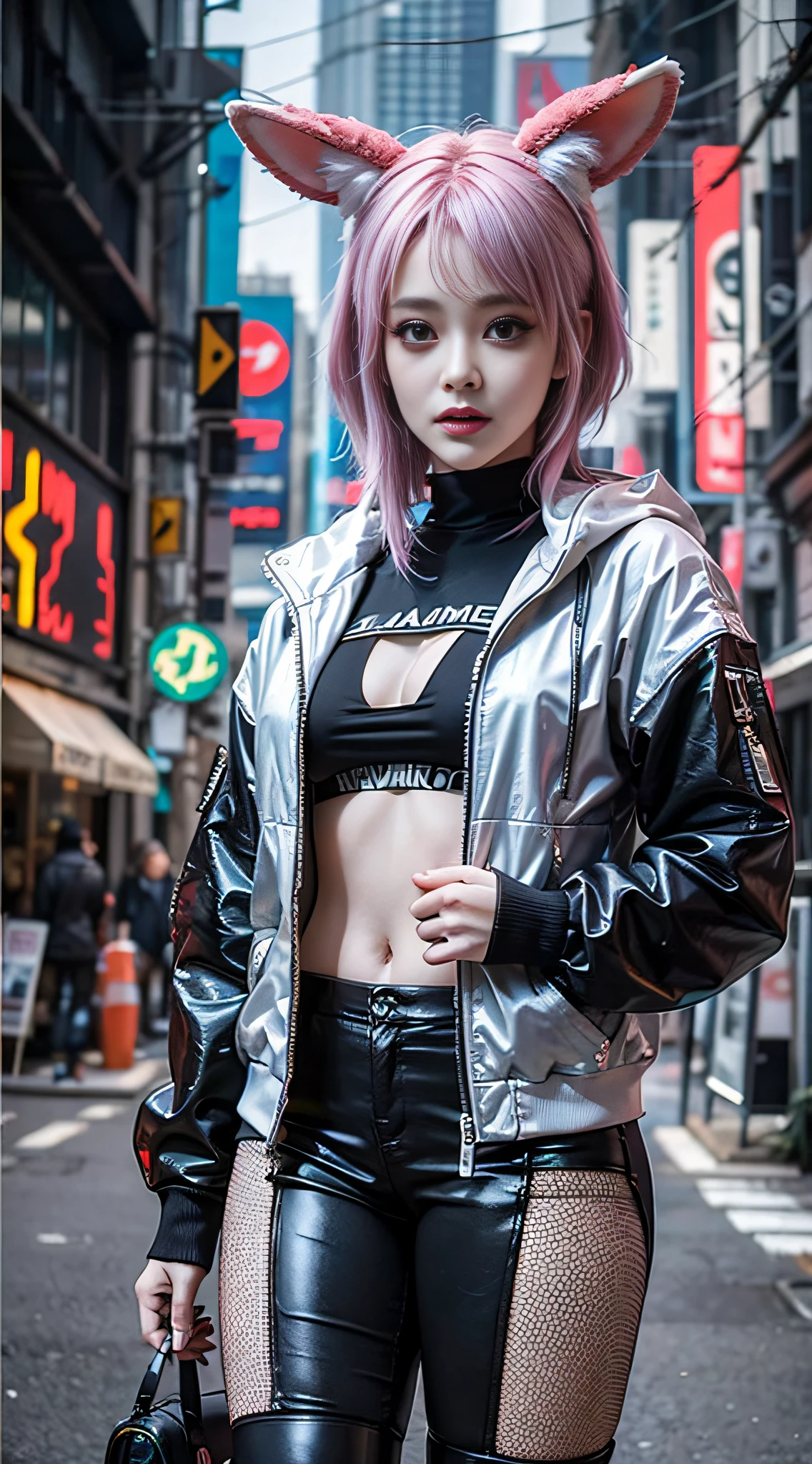 anime girl in bunny ears posing in a city street, muted cyberpunk style, cyberpunk streetwear, female cyberpunk anime girl, cyberpunk anime girl, wearing cyberpunk streetwear, cyberpunk fashion clothes, has cyberpunk style, cyberpunk fashion clothes, cyberpunkoutfit, Aesthetic cyberpunk, Cyberpunk 2 0 y. o model girl, cyber punk style, cyberpunk style outfit, cyberpunk style color, cyberpunkoutfit
