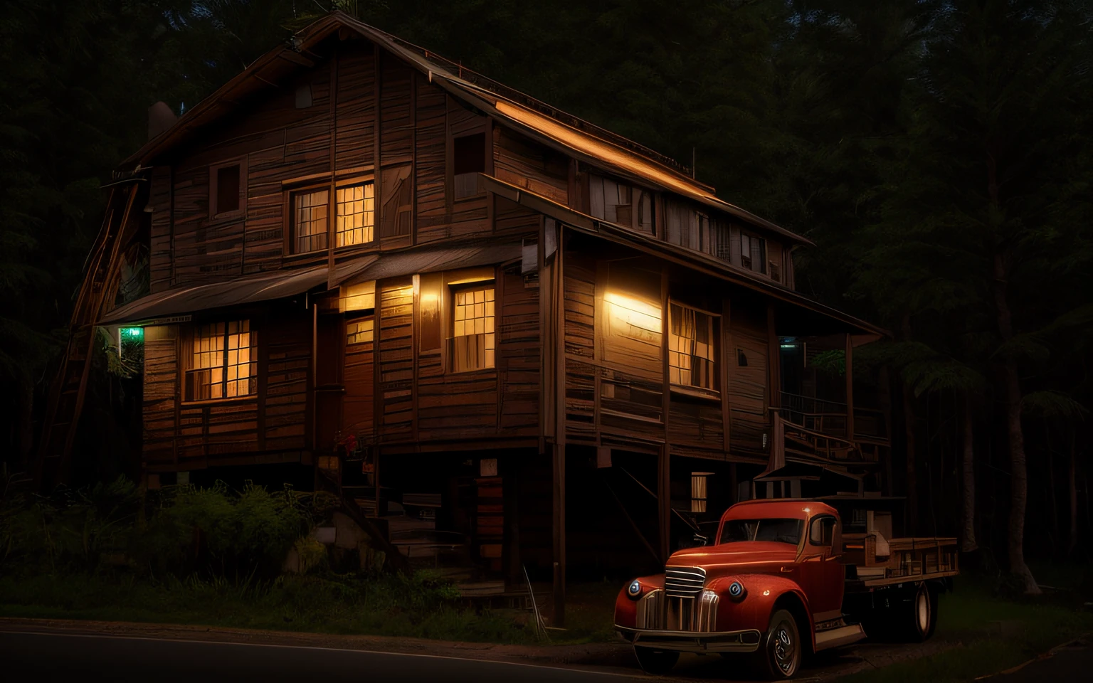 There is a truck that is parked in front of a house, Noite de tempenstade com raios, chuva, barro na estraada, floresta ao fundo. No estilo de arte de Filip Hodas, renderizado em corona, aventura render hiper realista, CGI antigo 3 d renderizado Bryce 3 d, arte conceitual fotorrealista, Pintura fosca renderizada em 3D, 3D render e pintura fosca, renderizado no lumion pro, photorealistic render in octane