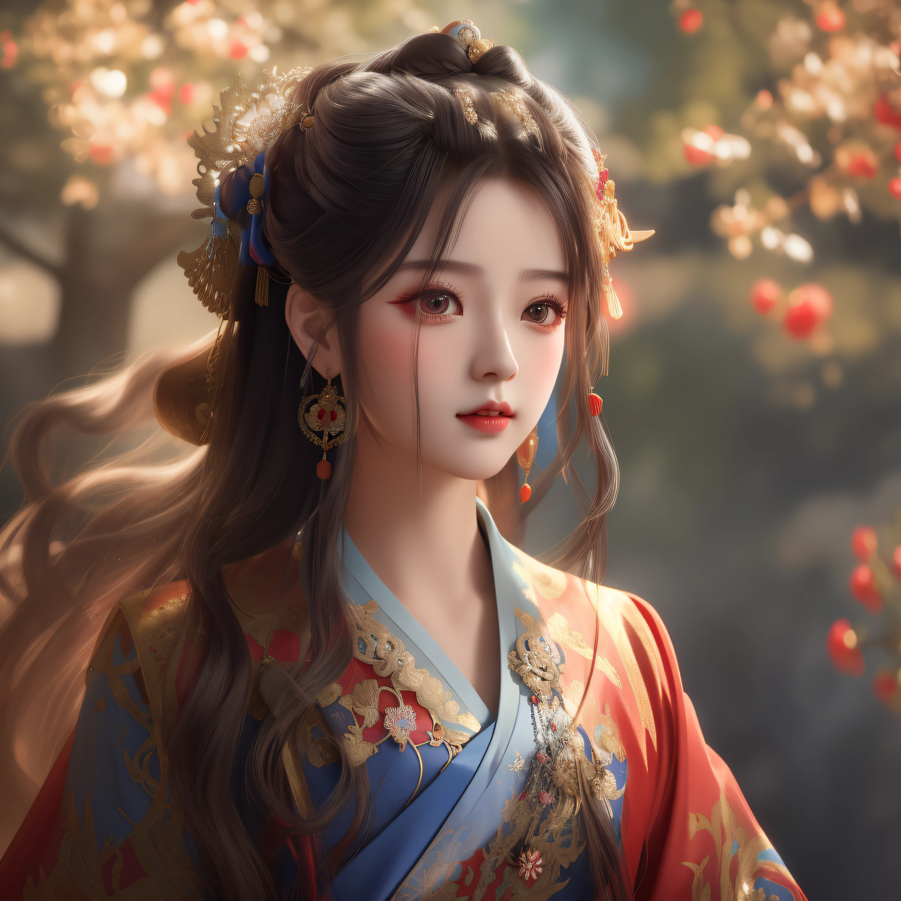 a close up of a woman with long hair wearing a red and blue dress, Palace , A girl in Hanfu, a beautiful fantasy empress, Princesa chinesa antiga, Beautiful digital artwork, Beautiful character painting, Guviz-style artwork, Chinese girl, portrait shooting, ancient chinese beauti, Chinese woman, China Princess, Traditional beauty, Beautiful oriental woman