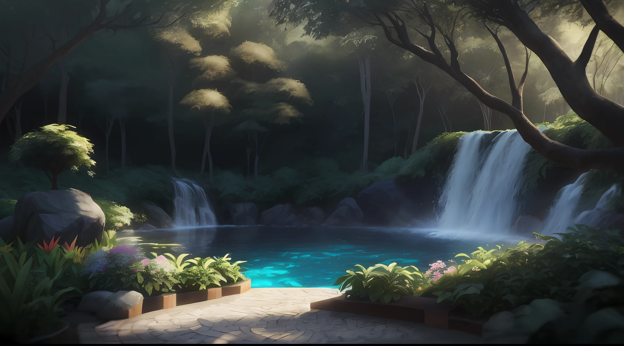 jardim, balsam, paz, Obra-prima, melhor qualidade, (muito detalhado CG unificado papel de parede 8k), (melhor qualidade), (best illustration), (melhor sombra), jardim brilhante, Drinking water in the pool, elementos naturais no tema floresta. Floresta misteriosa, bela floresta, natureza, cercada de flores, folhas delicadas e galhos cercados por vagalumes (elementos naturais), (tema da selva), (folhas), (galhos), (vagalumes), (particle effects) e outros 3D, octan render, ray tracing, super detalhado, balsam --v6