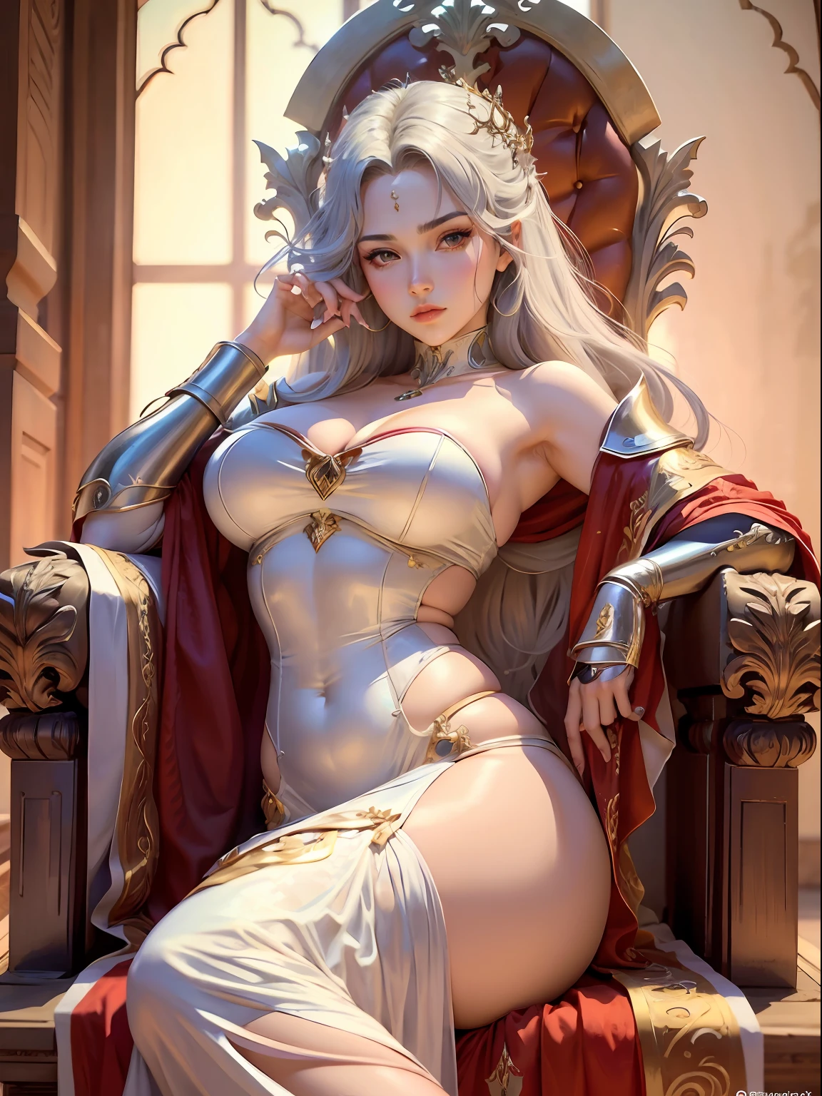 uma mulher guerreira de cabelos ruivos sexy, sentada em um trono coberto de pele, rosto vermelho, estilo anime, seminua, pose sexy, perna aberta, deitada, (espalhar