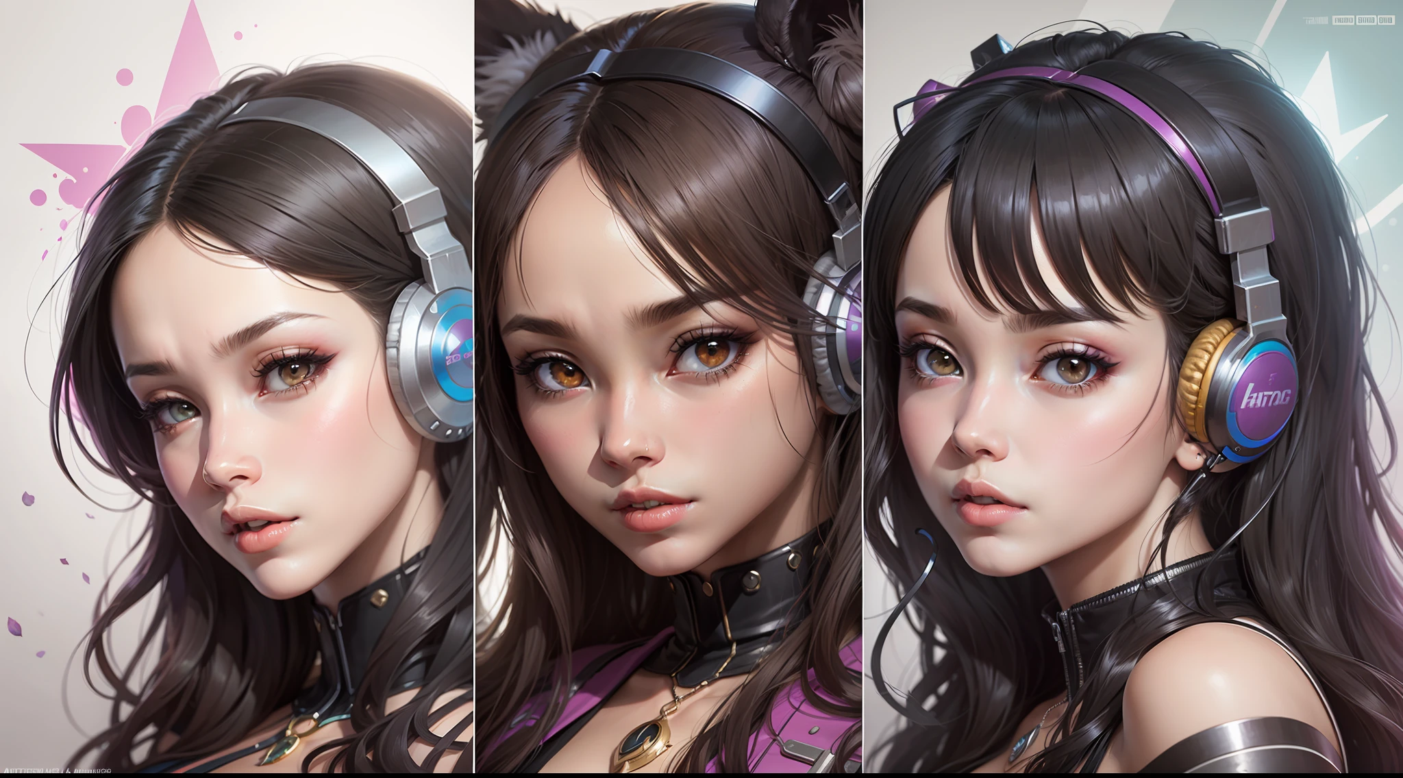 Three different colorful anime girls with headphones and hair, Modelo IG | Artgerm, estilo Artgerm, estilo de Artgerm, estilo Artgerm, Artgerm extremamente detalhado, Trend in CGTacing:, no estilo Artgerm, arte digital do anime cyberpunk, Estilo Ross Tran, trending artgerm, Artgerm. High detail