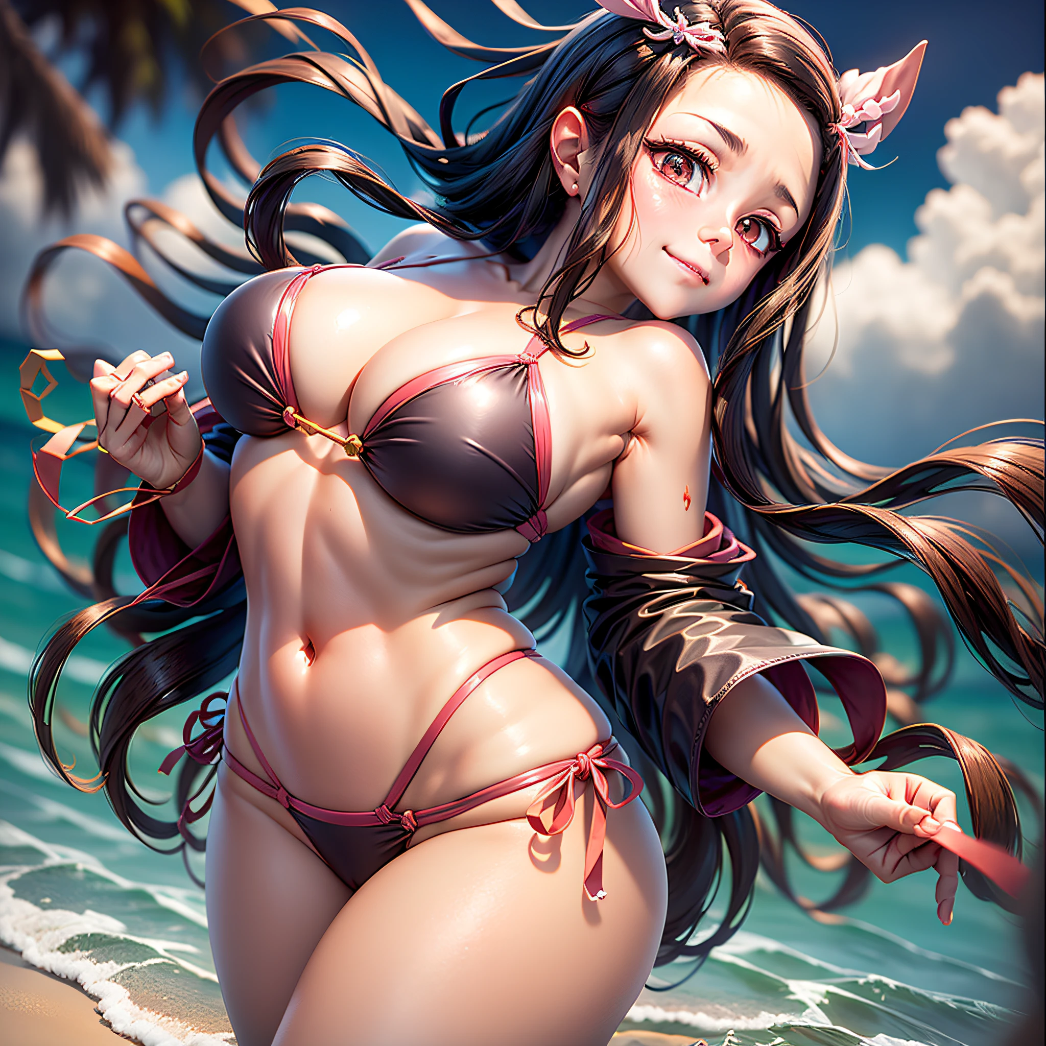 Nezuko, Kitmetsu no yaiba, Blue Bikini, beach, hands on the back, big breasts, big thighs