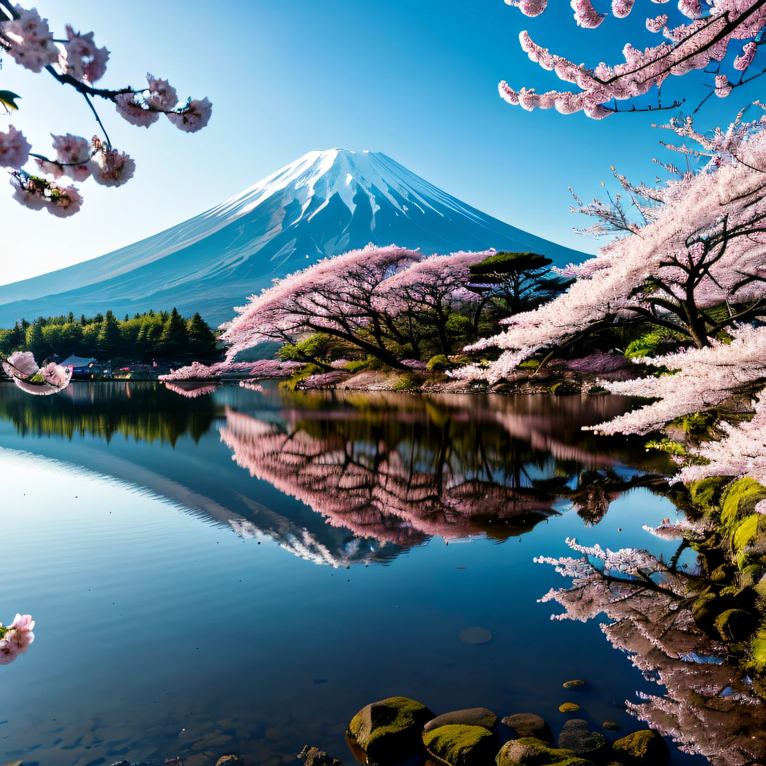 RAW photo of Mt. Fuji, Mt. Fuji one, No need for another mountain, Delicately beautiful realistic, detail, photorealistic, ultra-realistic photo, 8k UHD, DSLR, sunshine dazzling Haruyama, high quality, film grain, FUJIFILM XT3, (masterpiece), majestic Mt. Daisen, Mt. Fuji reflected on the surface of the lake, cherry blossoms are beautiful, the morning sun overlaps,