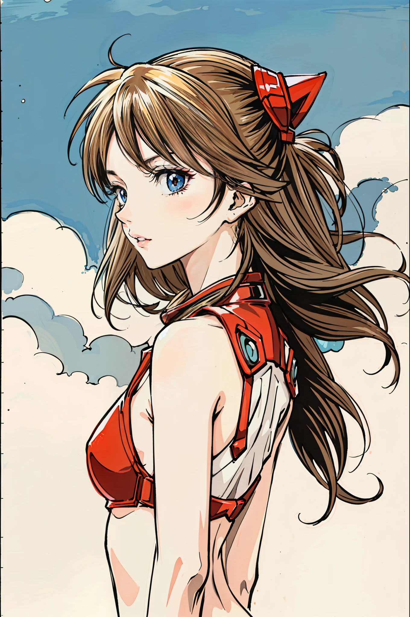 foto retrato de ((Asuka Langley en cuerpo entero)), (((beautiful asuka langley anorexic))), ((muy flaca en bikini)), (((huesos y costillas visibles))), ((small flat breasts)), ((very small waist)), piernas delgadas, ((rostro hermoso)), ((vista de perfil cuerpo entero)), (((concave abdomen))), ((Asuka Langley muy muy flaca)), ((fondo blanco)). ((cabello al viento)).