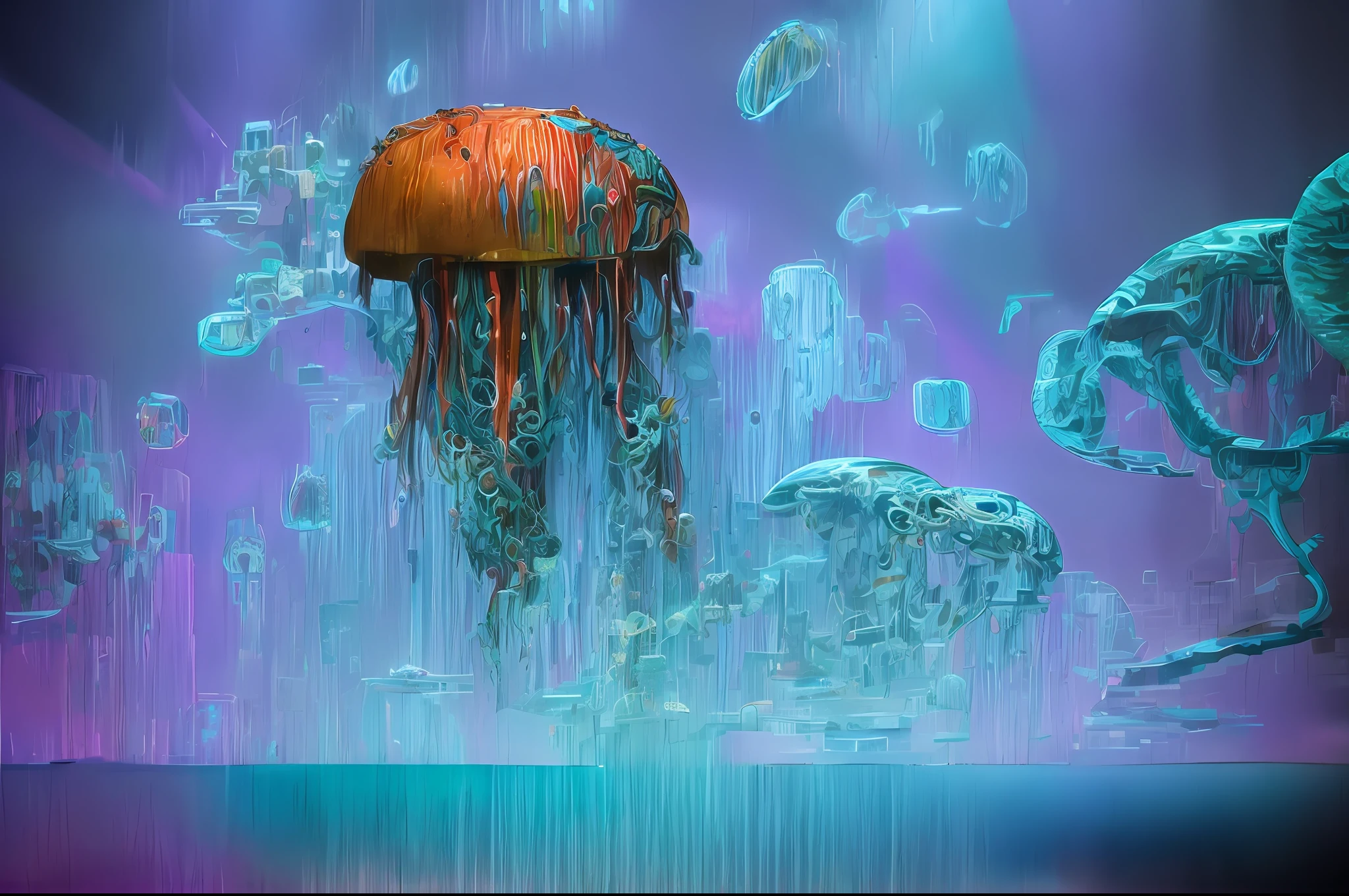 painting jellyfish in a sea of water with lights, Medusas, cyberpunk jellyfish, Aquarela altamente detalhada 8K, Aquarela altamente detalhada 8 K, neon jellyfish, Burger mixes jellyfish, Dance of the jellyfish, protetor de tela impressionante, its a deep dream, artistic 4 k, Arte NFT, Medusas, 8k highly detailed ❤️🔥 🔥 💀 🤖 🚀