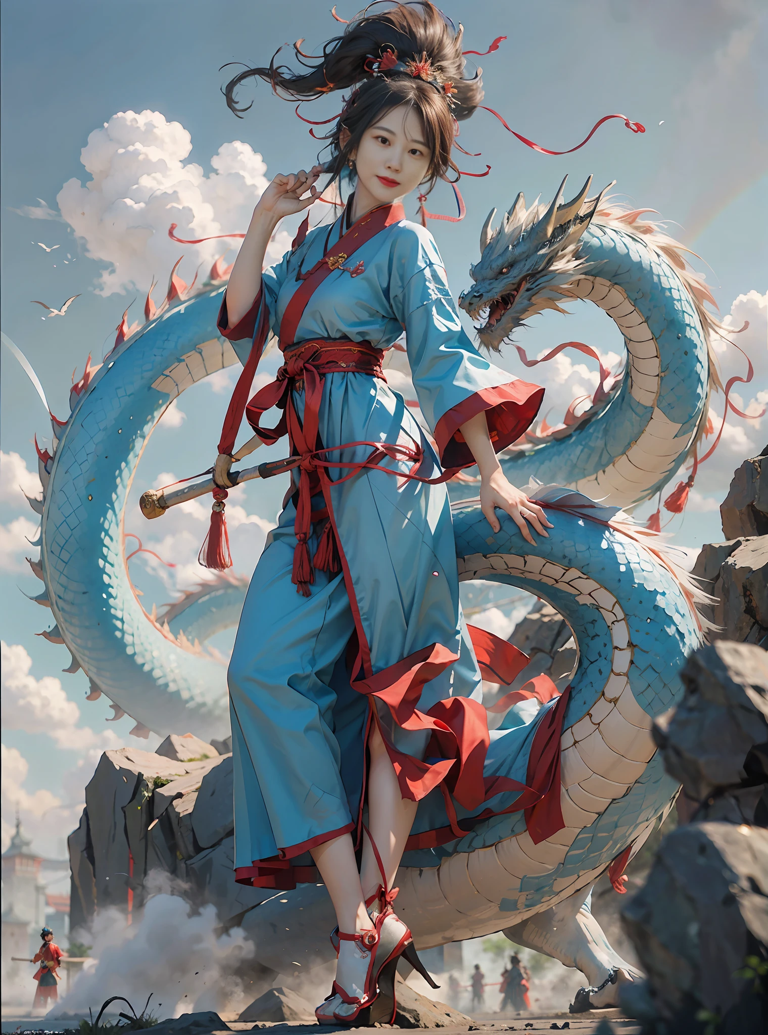 Best quality, masterpiece, illustration, very detailed, 1 girl, 1 white Chinese dragon as background, beautiful and detailed girl, very detailed eyes and face, light on face, movie lighting, looking at the audience, rainbow candy, smile, full body, full_body shot, (from the front: 1.2), (((majestic))), floating, blue sky, stone, blue sky, Chinese dragon, glowing blue, clouds, traditional Chinese elements, Chinese red, traditional Chinese hair accessories, elegant hair, floating ribbon, martial cloak, shu style, (martial arts: 1.2), hanfu