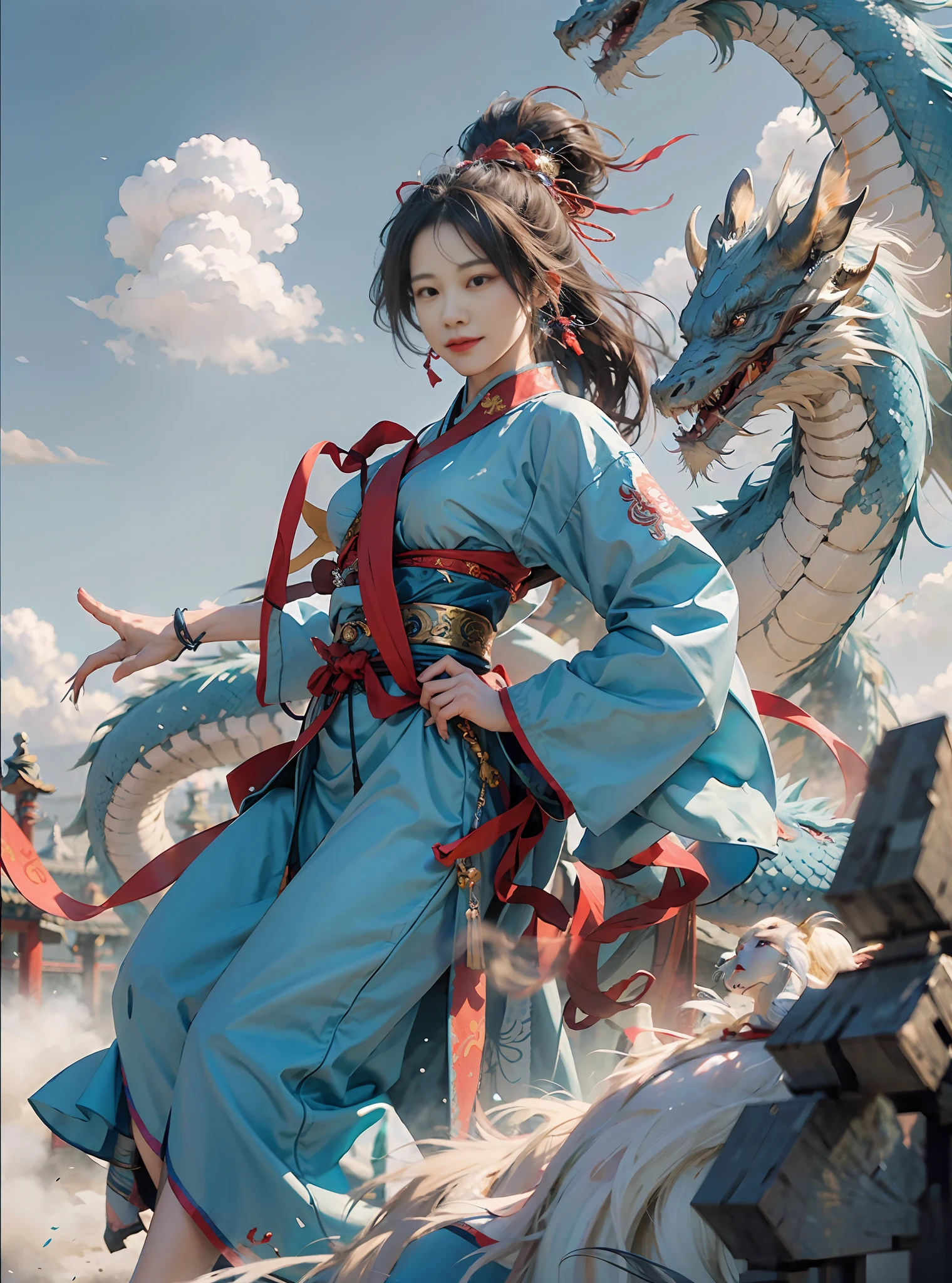 Best quality, masterpiece, illustration, very detailed, 1 girl, 1 white Chinese dragon as background, beautiful and detailed girl, very detailed eyes and face, light on face, movie lighting, looking at the audience, rainbow candy, smile, full body, full_body shot, (from the front: 1.2), (((majestic))), floating, blue sky, stone, blue sky, Chinese dragon, glowing blue, clouds, traditional Chinese elements, Chinese red, traditional Chinese hair accessories, elegant hair, floating ribbon, martial cloak, shu style, (martial arts: 1.2), hanfu