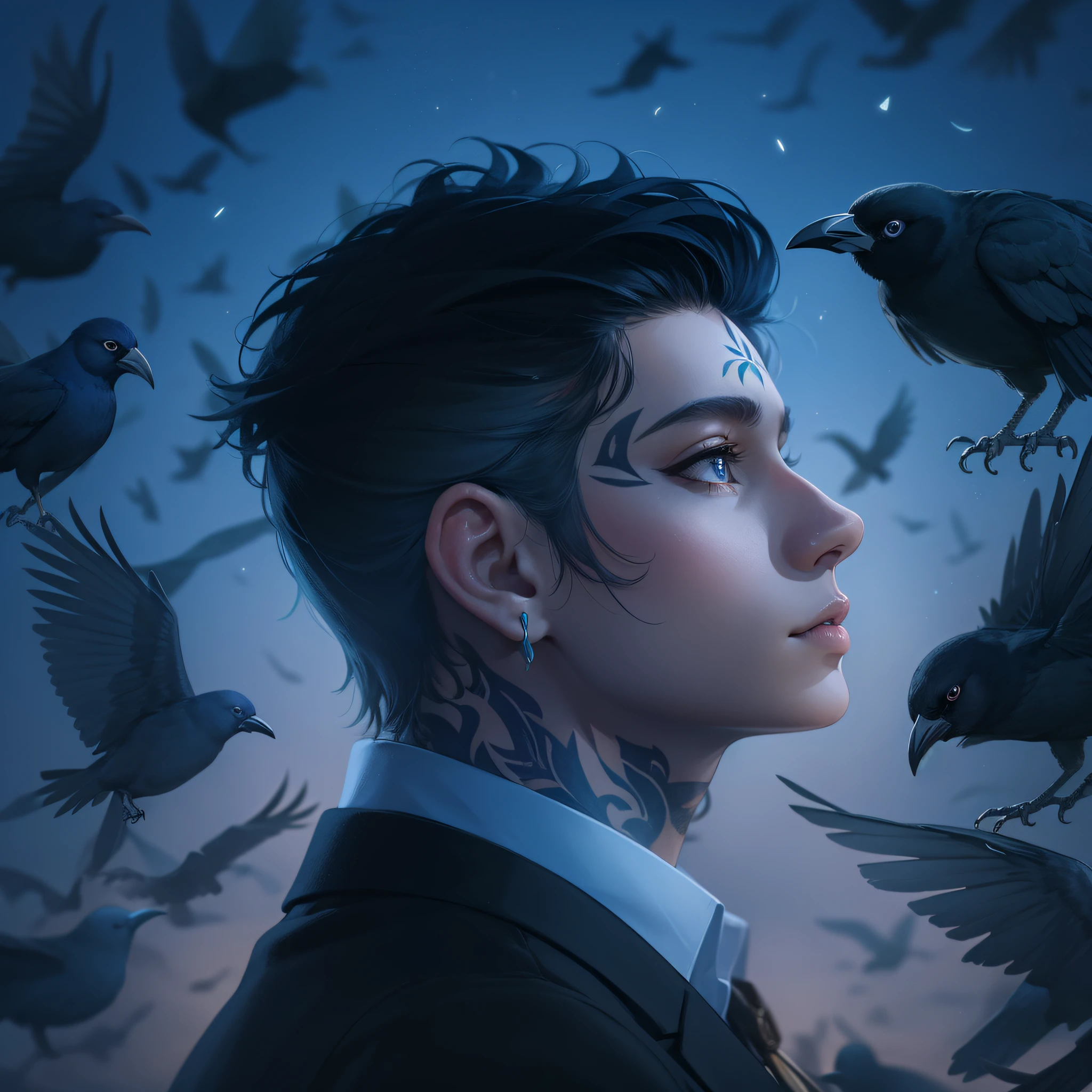 man, light skin, blue tones, blue eyes, crow on shoulder, black hair, short hair, focus on face, outfit, black suit, blue details, high quality image, 8k, focus on face, background birds in sky, night, magic neck tattoo