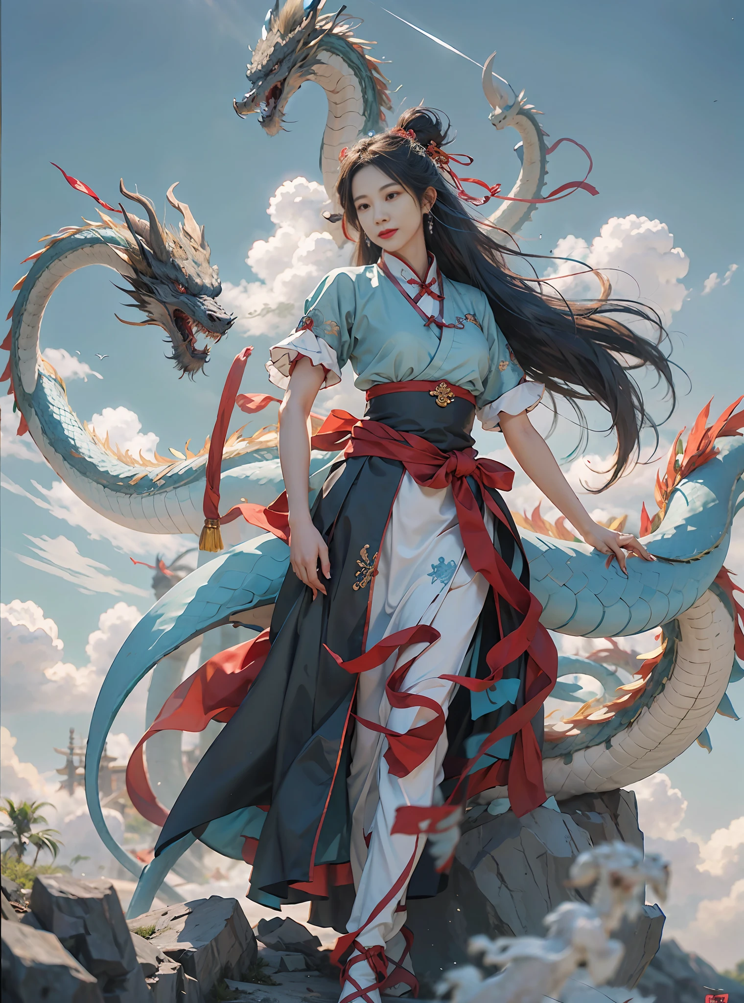 Best quality, masterpiece, illustration, very detailed, 1 girl, 1 white Chinese dragon as background, beautiful and detailed girl, very detailed eyes and face, light on face, movie lighting, looking at the audience, rainbow candy, smile, full body, full_body shot, (from the front: 1.2), (((majestic))), floating, blue sky, stone, blue sky, Chinese dragon, glowing blue, clouds, traditional Chinese elements, Chinese red, traditional Chinese hair accessories, elegant hair, floating ribbon, martial cloak, shu style, (martial arts: 1.2), hanfu