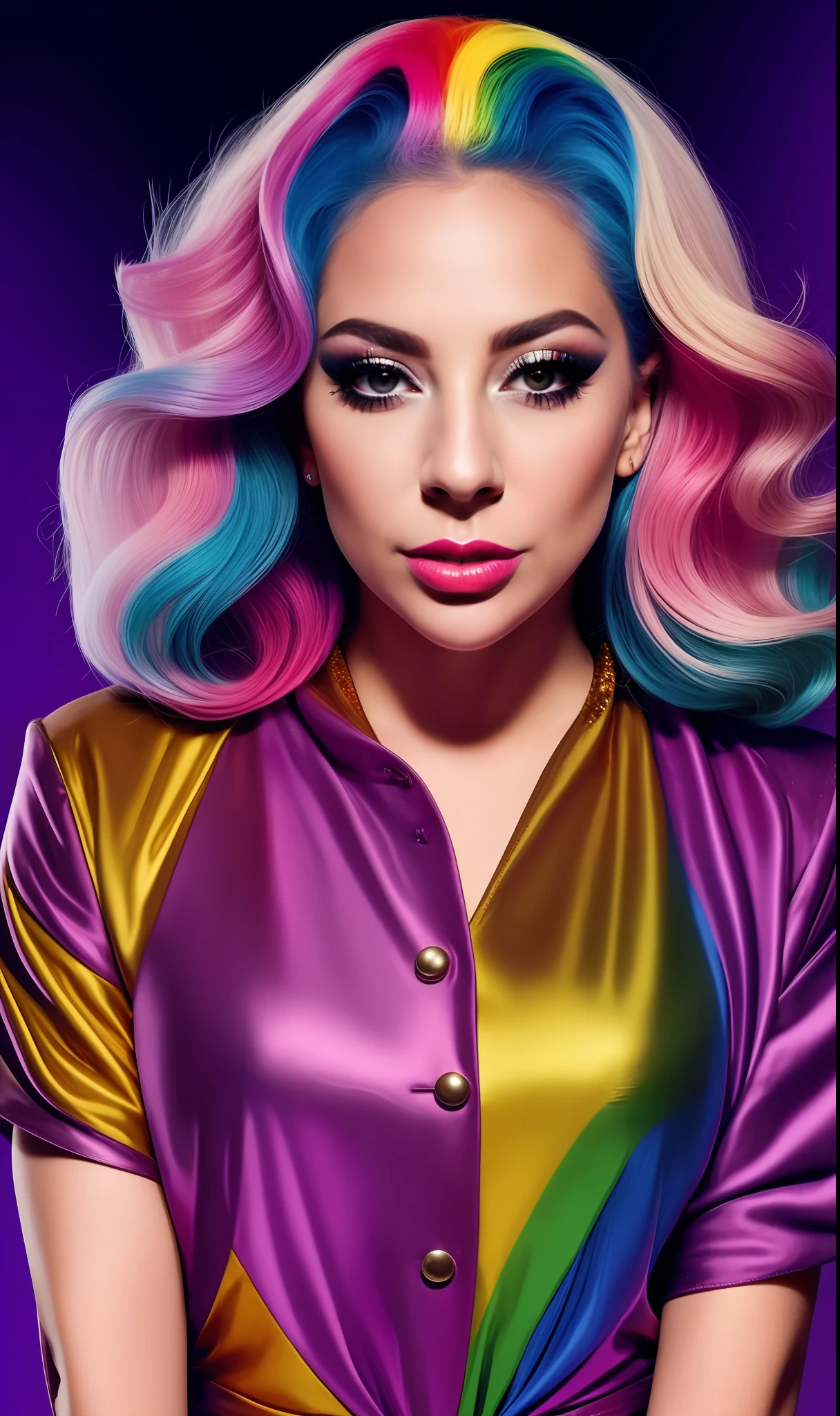 Lady GaGa con vestido brillante del orgullo gay ,textura 4K, cabello largo y de colores, calidad alta, peinado extravagante, Original album cover, imagen 8k, futurista, alta calidad de imagen, en la noche, accesorios en el cabello, imagen 8k, rostro realista en alta calidad, cuerpo completo, diferentes poses corporales, alta calidad en el rostro, rasgos definidos,HD, rostro realista y definido 4k