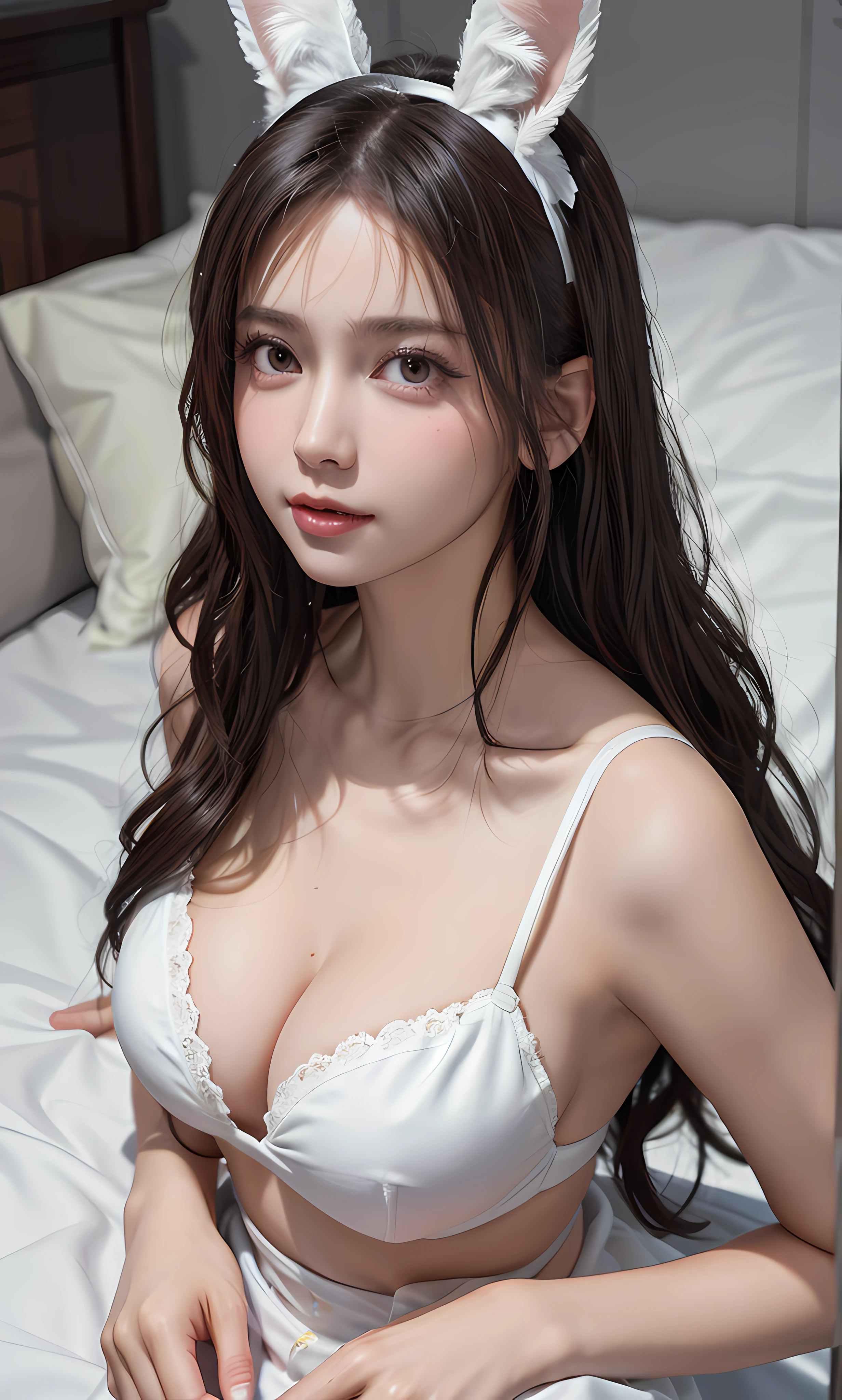 （RAW photos：1.2），high high quality，Beautiful Meticulous Girl，Bunny Girl，Lie down in bed，from the above，very detailed eyes and faces，beatiful detailed eyes，hugefilesize，A high resolution，8k wallpaper，finely detailled，Highly detailed stock code uniform 8k wallpaper，light in face，cinmatic lighting，*********** girl，（huge tit：**），Extra-large big breasts，a sexy pose，（photorealisti：1.4），illustratio，ultra-realistic realism，from the above，super detailing， tmasterpiece， a playboy bunny， （ （See-through white micro bikini：1.5））， short detailed hair