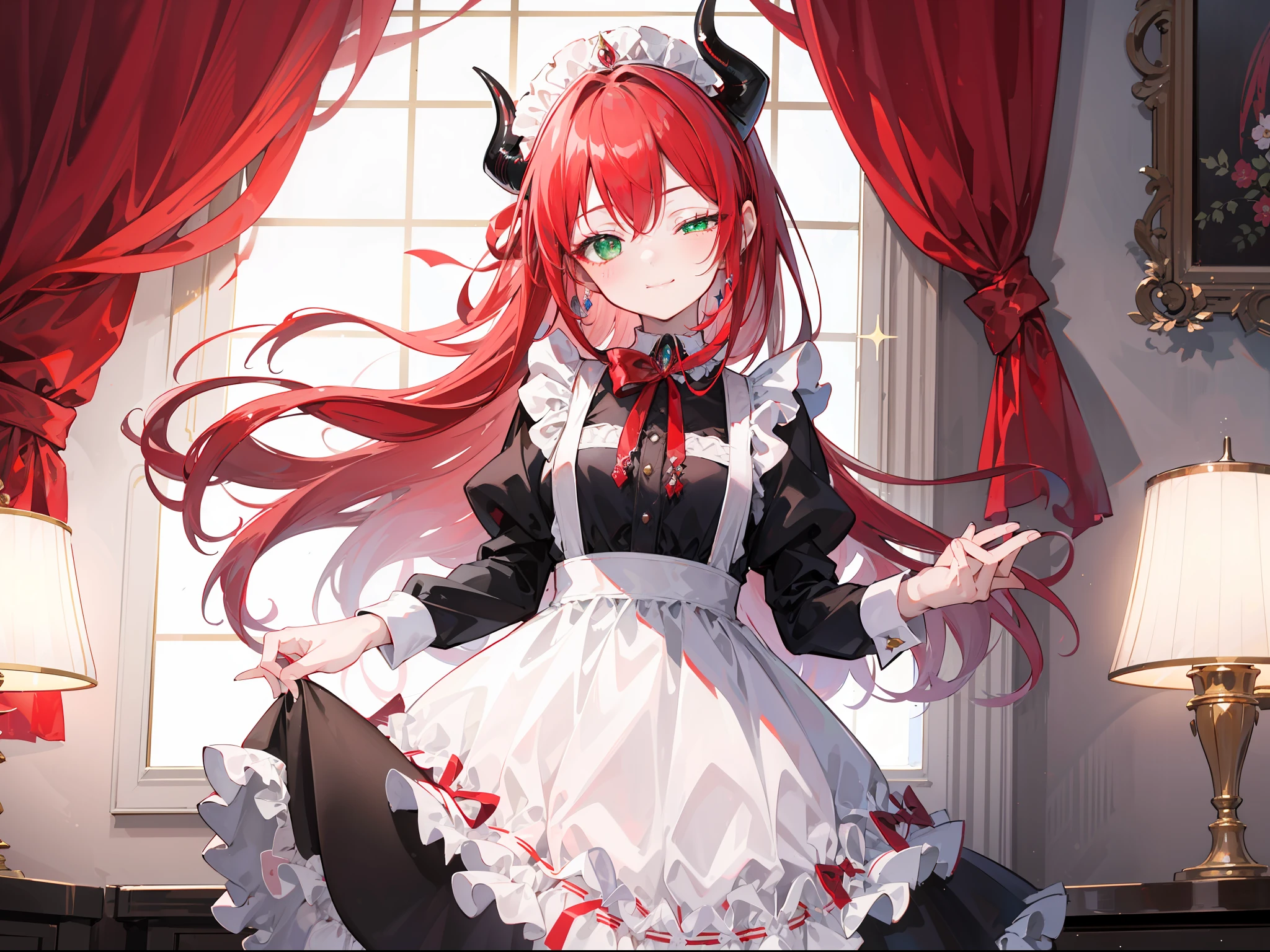 "Palace ambiance, exquisite 4k artwork showcasing a captivating  girl donning an enchanting dark-red hair tied gracefully with a ribbon and have demon horn. Her mesmerizing green eyes sparkle as she elegantly adorns a charming maid dress and warm smile with two eyes closed."