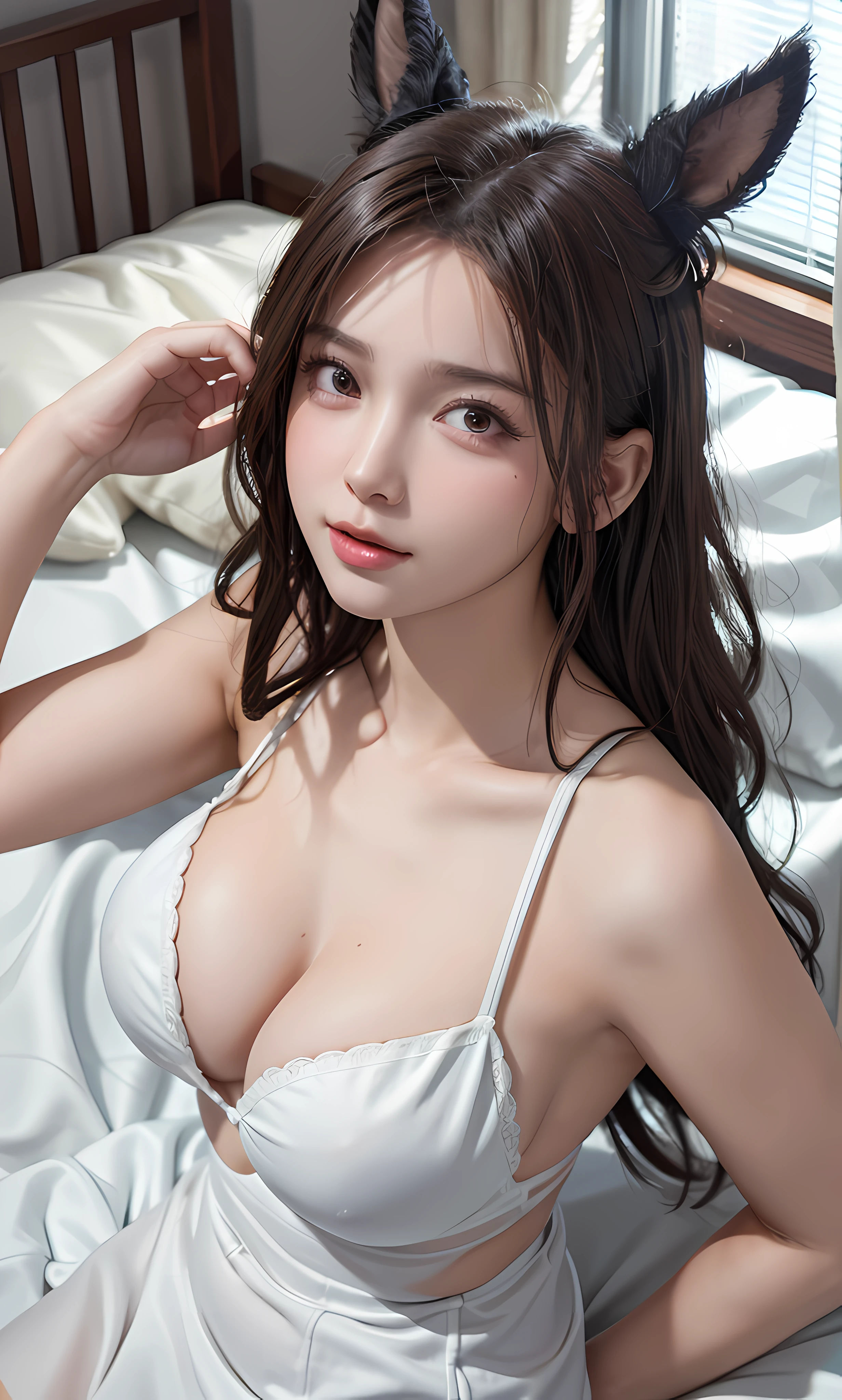 (RAW photos:1.2),high high quality,Beautiful Meticulous Girl,Bunny Girl,Lie down in bed,from the above,very detailed eyes and faces,beatiful detailed eyes,hugefilesize,A high resolution,8k wallpaper,finely detailled,Highly detailed stock code uniform 8k wallpaper,light in face,cinmatic lighting, girl,(huge tit:15),Extra-lge big breasts,a sexy pose,(photorealisti:1.4),illustratio,ultra-realistic realism,from the above,super detailing, tmasterpiece, a playboy bunny, ( (See-through white micro bikini:1.5)), short detailed hair