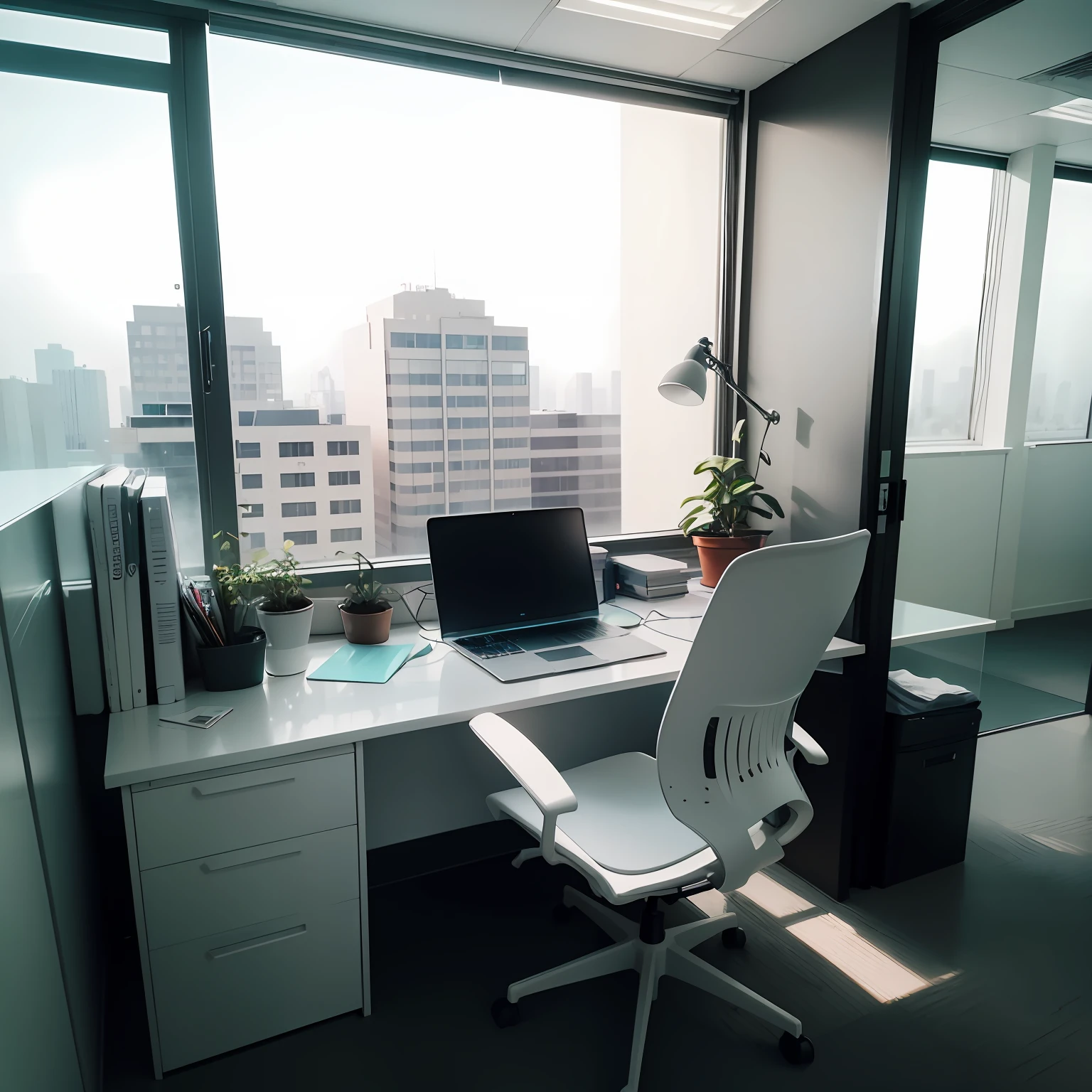 The high-end office is very transparent,Mostly white,There is a laptop on top of a desk,There is an office chair in front of the computer,Office chair facing the camera --auto