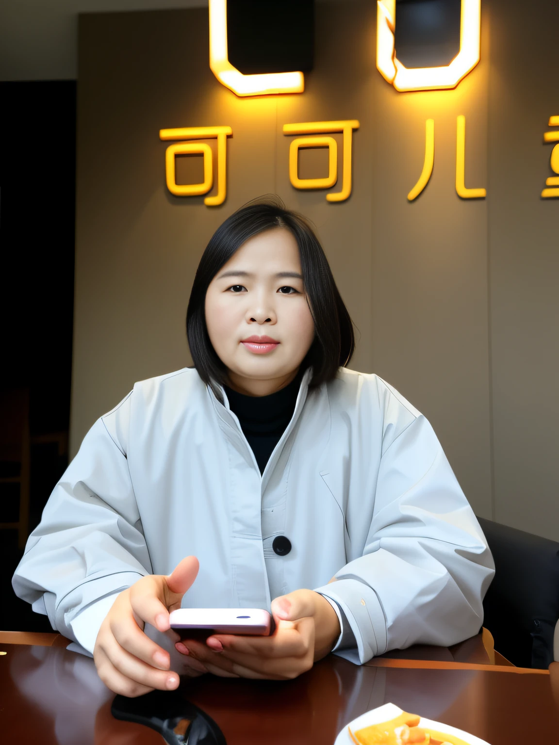 The woman sits at the table,Mobile phone in hand, jiyun chae, Qiu Fang, xiang duan, song nan li, Yun Ling, she is holding a smartphone, Kwak Ji-young, xiaolong wang, huifeng huang, Choi Hyun-hwa, xiaofan zhang, xintong chen, zeng fanzh --auto