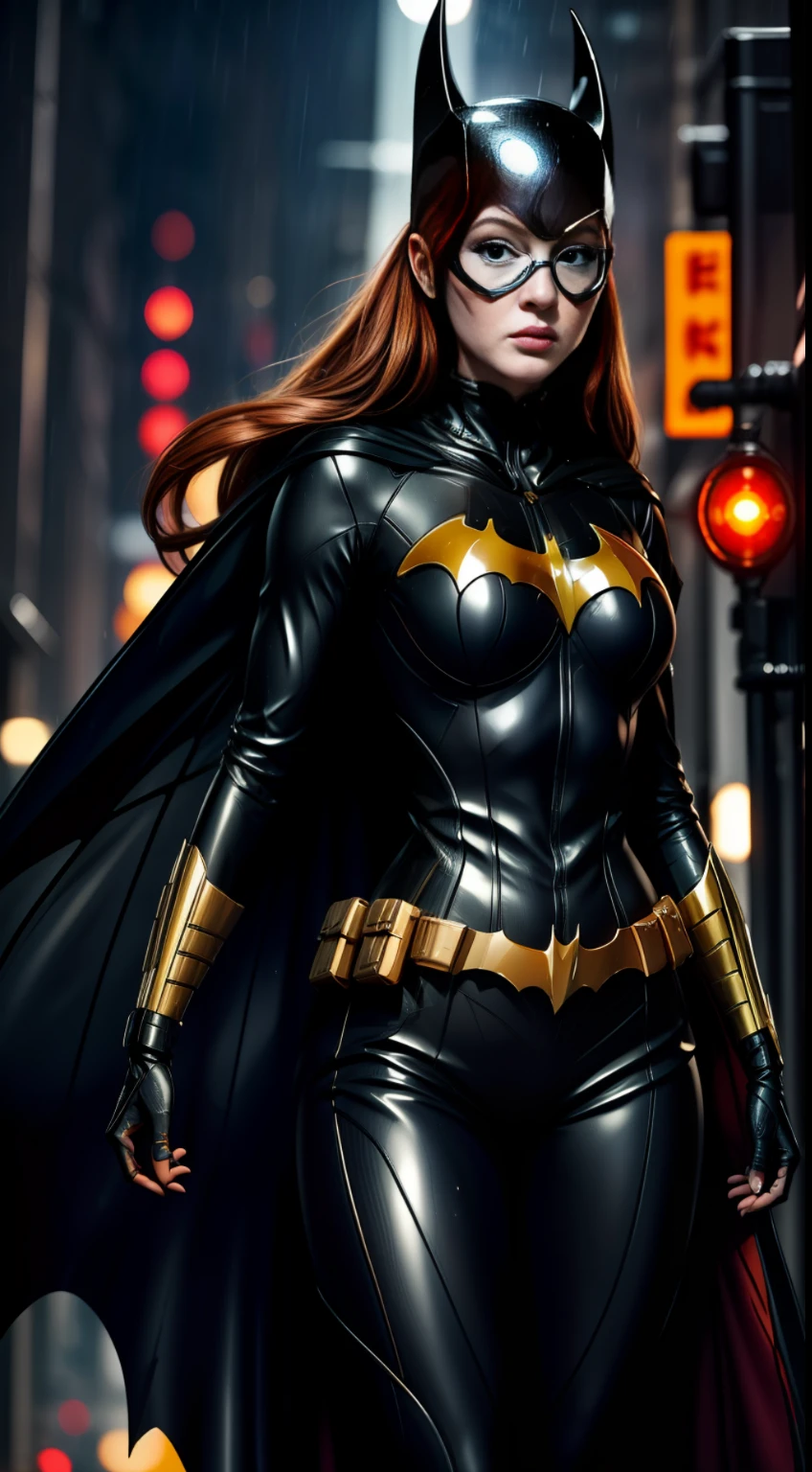 barbara gordon, anime, beauty, Batgirl clothes, Batgirl cosplay, wind effect, full body photo, prominent figure, standing on the edge of a skyscraper, night, photo (Masterpiece) (Best quality) (Detail) (8K) (HD) (Wallpaper) (Cinematic lighting) (Sharp focus) (Intricate), sexy, rain, wet, rays, best quality, ultra high resolution, photorealistic, full body portrait, incredibly beautiful, dynamic poses, detailed skin texture, highly detailed skin, detailed face,