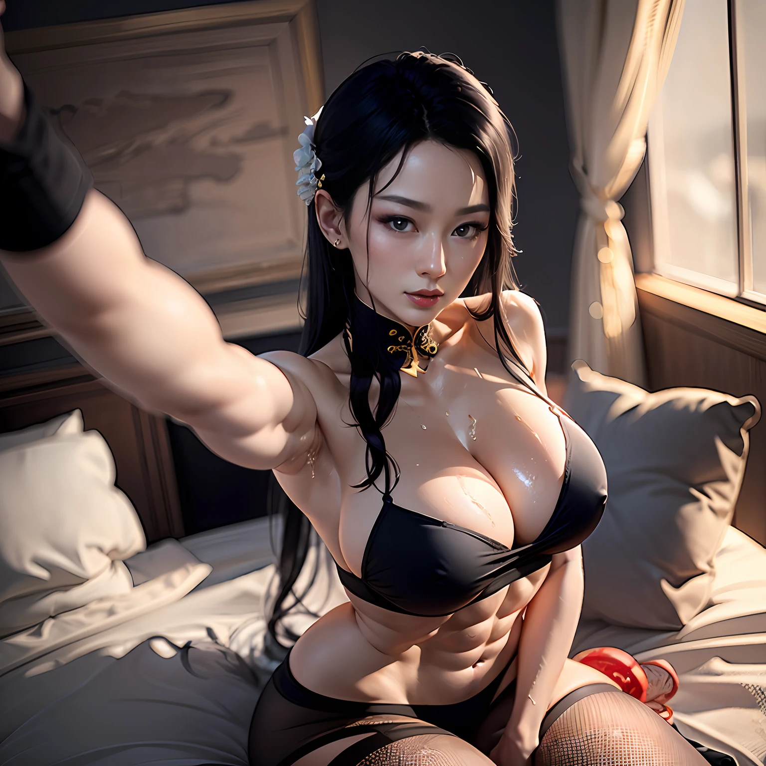 （a plump buttocks:1.3），The nipple areola is clearly shaped， heavy breath， onbed，Ultra-fine face, A detailed eye, 二重まぶた，Best Rated on pixiv，((Pretty woman who emphasizes slender abs:1.3，The most delicate Chinese beauty，Straight long black hair，most exquisite，Regular facial features，tmasterpiece:1.5)) ，The whole body is in the shot，light in face， Be red in the face，Beauty mole， Glossy glossy skin，Pupils flirting in the eyes ， (Casual hairstyle, huge tit:1.2 )，Natural hands，arms raised above the head，soft boobs，Expose cleavage，（Wet sheer transparent pantyhose，Wet sheer transparent underwear，Wet sheer transparent panties:1.4），nabel，fine muscles，NSFW ，Soaked with sweat，Strike sexy poses，Both thighs are exaggerated，high-heels，hdr（HighDynamicRange）,Ray traching,NVIDIA RTX,Hyper-Resolution,Unreal 5,Subsurface scattering、PBR Texture、post-proces、Anisotropy Filtering、depth of fields、maximum definition and sharpness、Many-Layer Textures、Albedo e mapas Speculares、Surface coloring、Accurate simulation of light-material interactions、perfectly proportions、rendering by octane、Two-colored light、largeaperture、Low ISO、White balance、the rule of thirds、8K raw data，don't have clothes，with no underpants，has extremely gigantic breasts，sit on a bed，legs are open，arms raised above the head，Pose seductively，