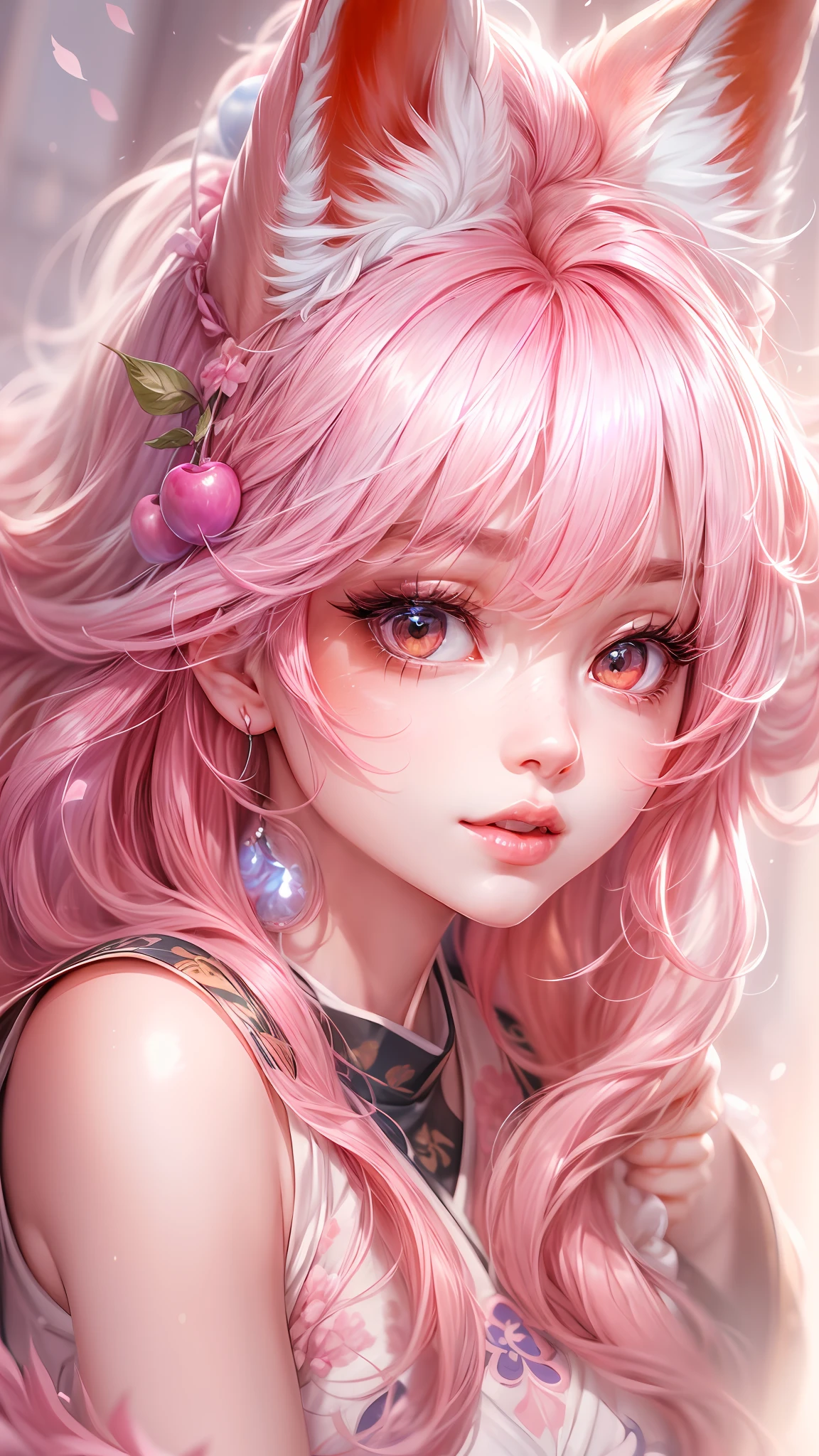 Best quality, hyper-high detail, very high res, Extremely detailed CG, 真实感,absurd res,fox ear,Huge colorful fox tail, 8K,Colorful, A 20-year-old nine-tailed fox girl,japanaese girl,Light turtleneck shirt,Detailed clothing patterns,tiese,(full body:1.3),Solo,Perfect body shape,(long leges:1.3), Faraway view,high-heels,(Black eyes), (Pink hair to shoulders), Extremely long pink diamond hair floating, blueribbon, Beautiful eyes,(Pink clothes:1.3),Wet clothes, Short pink skirt, detailed and beatiful face and eyes, ((Shiny skin)), Shiny hair, (detailed and beautiful shiny clothes, Temple,holy rays,japan temple,the cherry trees,Cherry blossoms flying,(dynamicposes:1.3),low perspective,