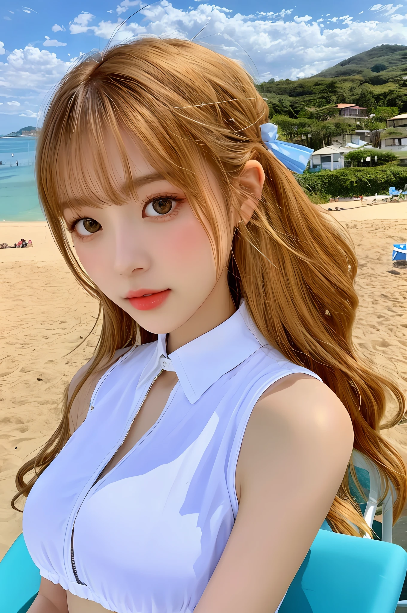 (8K, 4K, best qualtiy, A high resolution:1.2), (marsterpiece, realisticlying, photograph realistic:1.37), 1girll, Solo, beauitful face, eyeslashes, nase, Glossy lips, (Detailed eyes, looking at viewert, White skin of the, White skin of the:1.5), Delicate complexion, full bodyesbian,
nedium (G-cup),plumw,Moisten by transparency,,underdressing(Briefs),Two sets of tests(split)deep v big breying on the chair,Raised sexy,
Outdoor beacont,sandbeach,
two sides up,Absurdly long hair,blond hairbl,Caramel colored hair,hair adornments,Bow knot,
年轻,