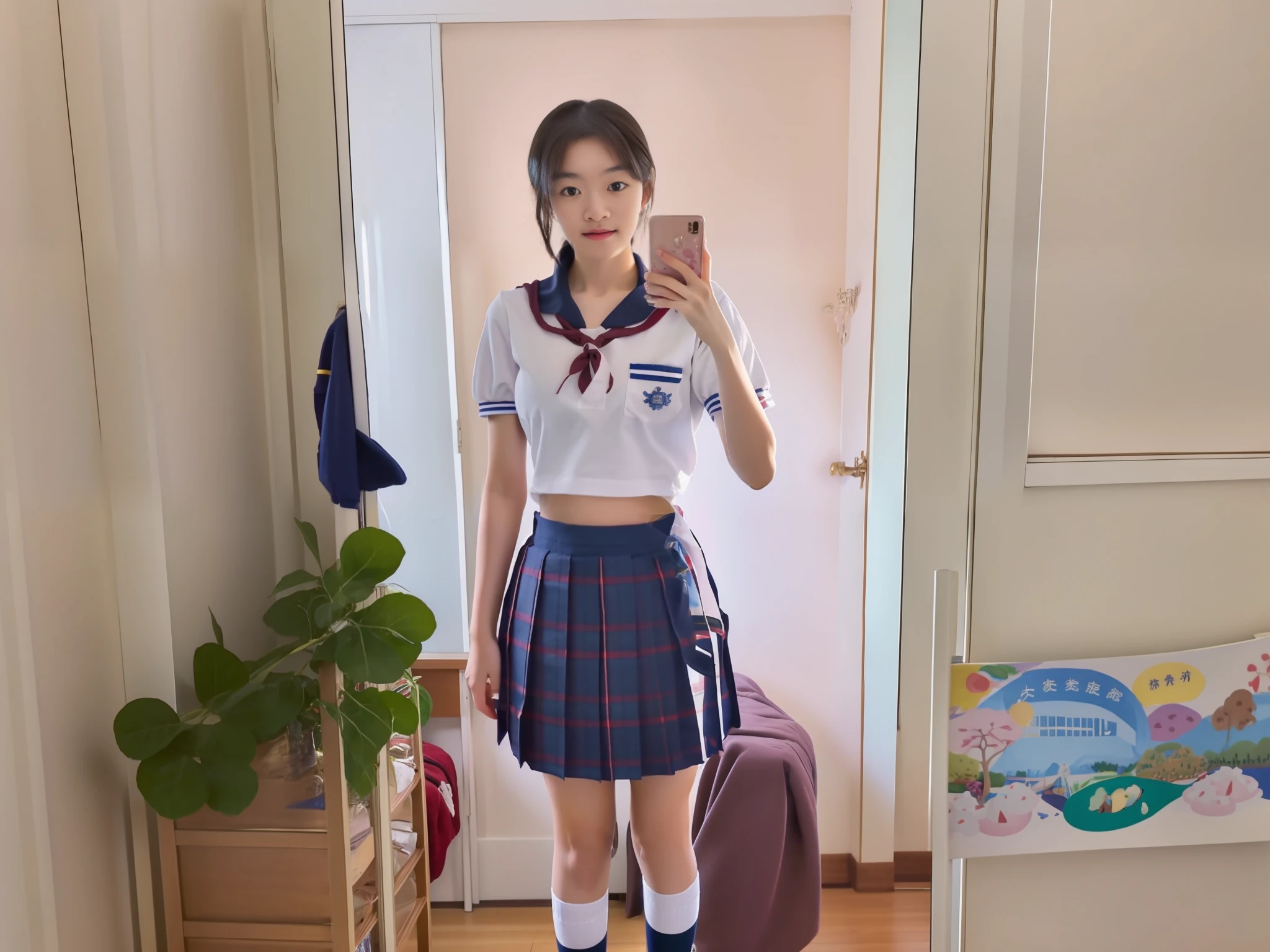 There is a woman taking a selfie in the mirror, in school uniform, Wearing a Japanese school uniform, in school uniform, JK school uniform, Japanese school uniform, Magical school student uniform, japanese girl school uniform, Full body picture, dressed as schoolgirl, seifuku, school uniform, Kantai collection style, High-quality images,White suspender stockings,D-cups,Raised chest,gigantic cleavage breasts,