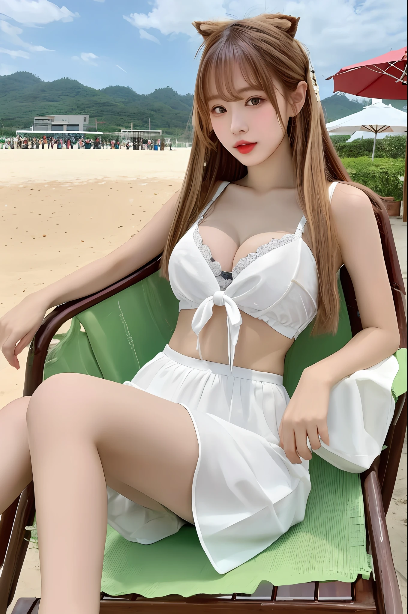 （8K， 4K， best qualtiy， A high resolution：1.2）， （marsterpiece， realisticlying， photograph realistic：1.37）， 1girll， Solo， beauitful face， eyeslashes， nase， Glossy lips， （Detailed eyes， looking at viewert， White skin of the， White skin of the：1.5）， Delicate complexion， full bodyesbian，
nedium breasts（G-cup），plumw，Transparent wetted，，underdressing（Briefs），Two sets of tests（split）deep v big breasts，比基尼，laying on the chair，Raised sexy，
Outdoor beachfront，sandbeach，
two sides up，Absurdly long hair，blond hairbl，Caramel colored hair，hair adornments，Bow knot，
年轻，