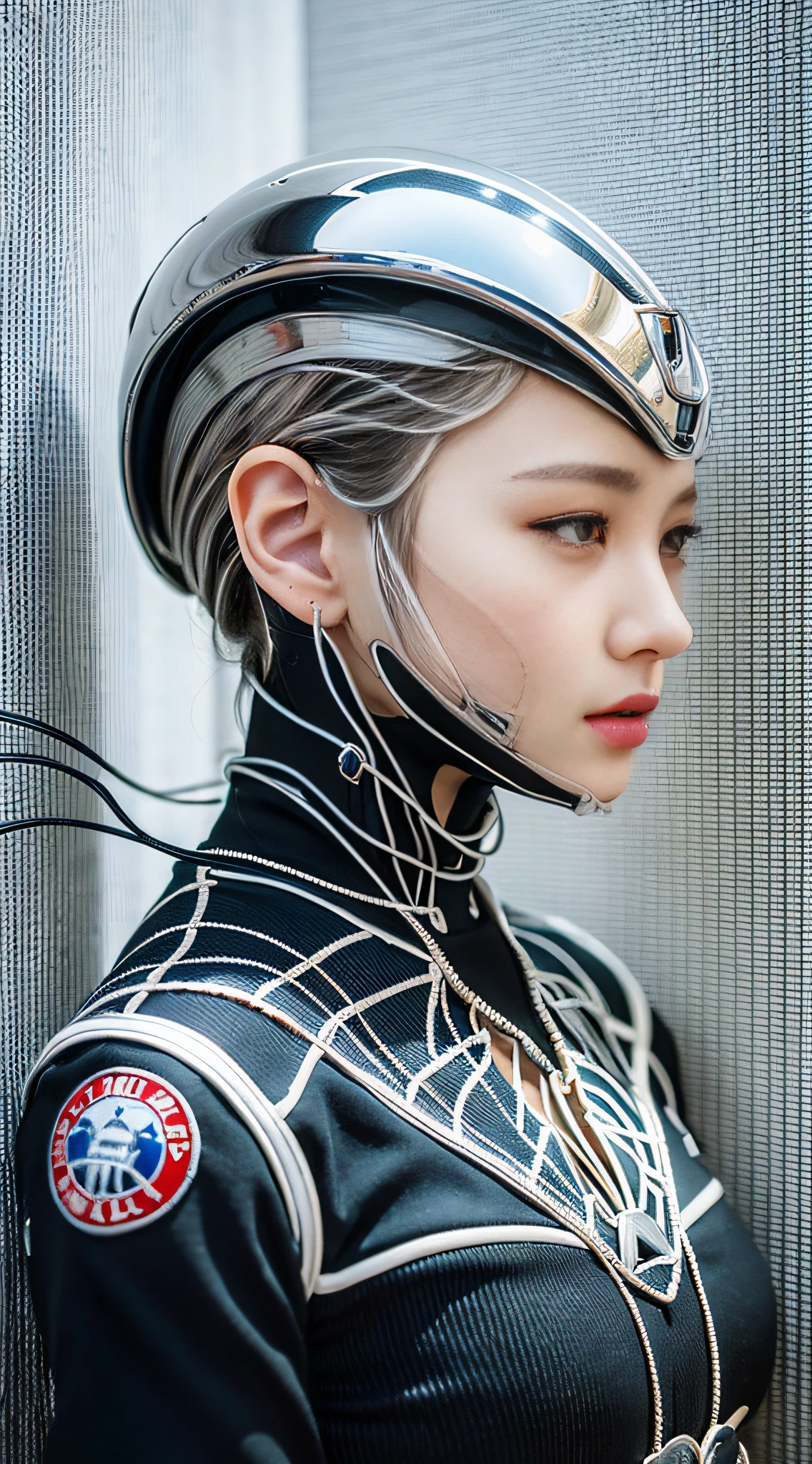 Intricate 3d rendering of highly detailed beautiful ceramic silhouette female robot face, robot, robot part, 150 mm, beautiful studio soft light, rim light, vibrant details, luxurious cyberpunk, lace, surreal, anatomy, facial muscles, cables wires, microchip, elegant, beautiful background, octane rendering, HR Giger style, 8k, best quality, masterpiece, illustration, very delicate and beautiful, very detailed, CG, unity, wallpaper , (fidelity, fidelity: 1.37), amazing, fine detail, masterpiece, best quality, official art, very detailed cg unity 8k wallpaper, absurd, unbelievably absurd, robot, silver helmet, full body