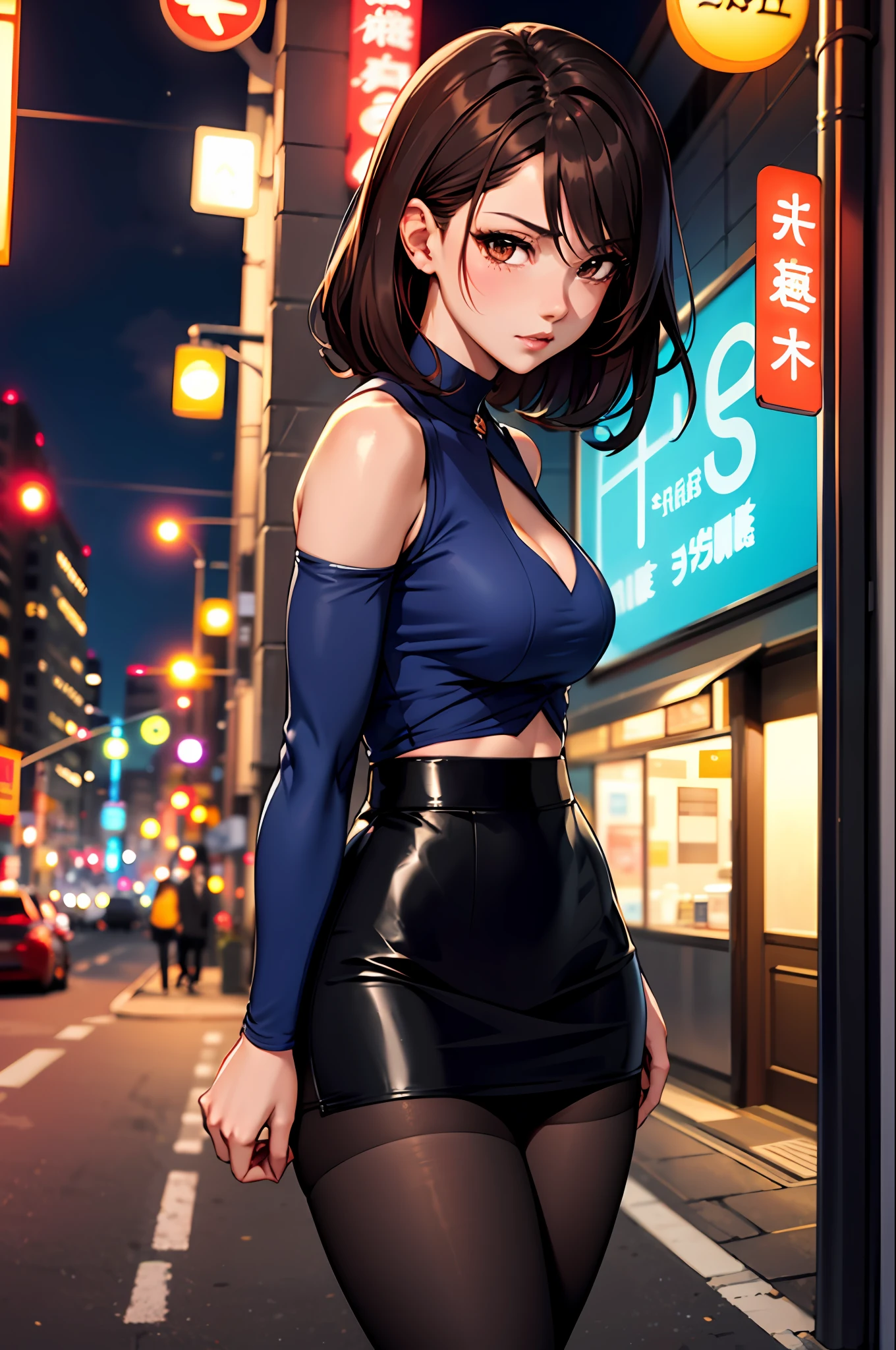 Bewitching anime woman in blue suit and tight skirt、Black tights、Inviting look、black top and brown hair,,,,Ecchi anime style,  lean forward to show your breasts,Kamimei,Red Light District at Night,neons、Career Woman