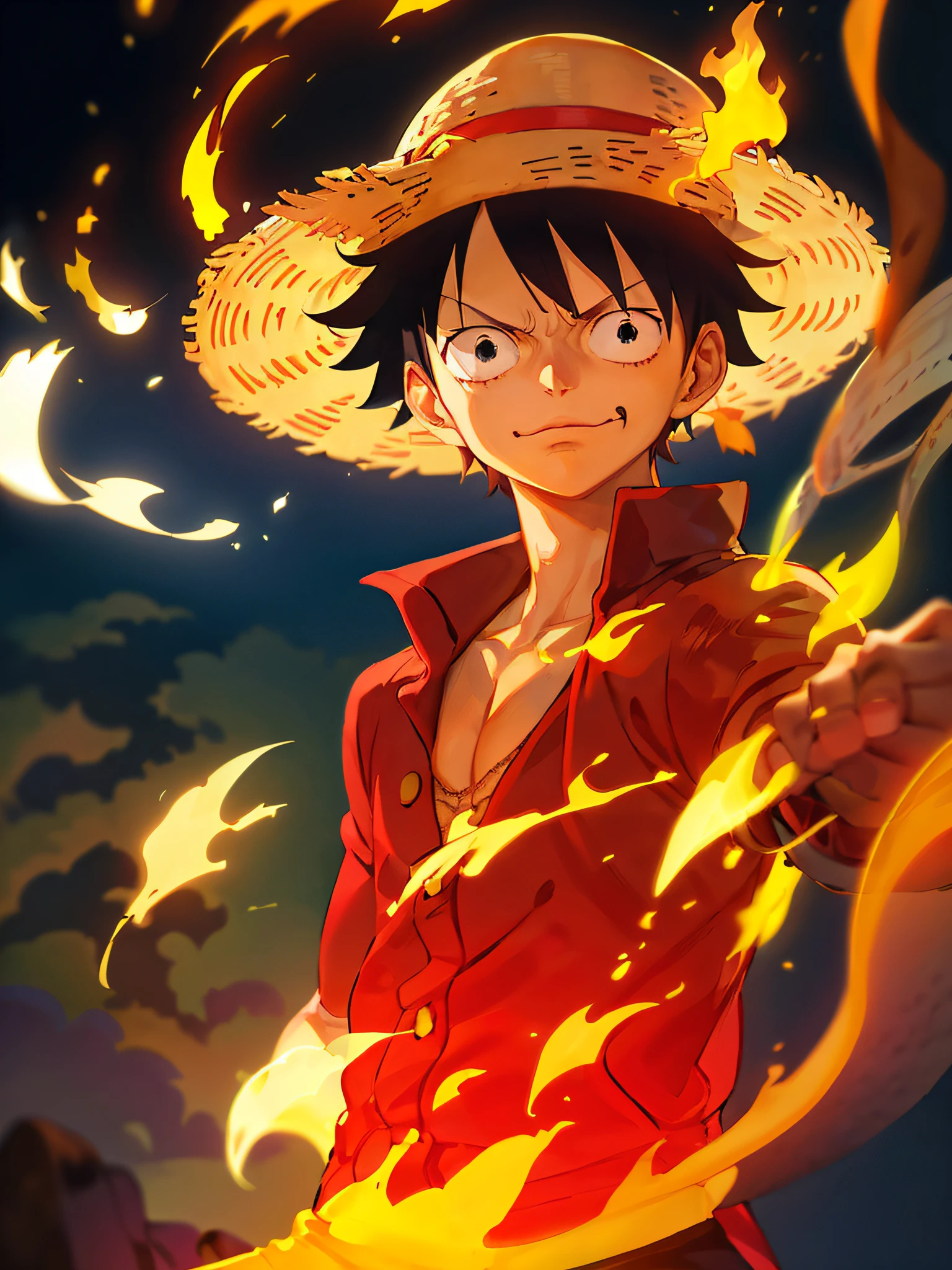 Anime character with a straw hat and a red jacket holding a yellow flame, Luffy, Macaco D Luffy, Macaco D. Luffy, Luffy (one piece, inspirado em Eiichiro Oda, Estilo Eiichiro Oda, Luffy de One Piece, from one piece, fire!! corpo inteiro, portrait of luffy from one piece, papel de parede!, one piece artstyle, Estilo de Eiichiro Oda, muito confiante,