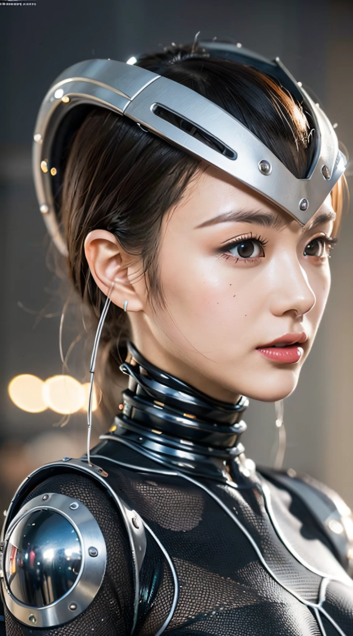 Intricate 3d rendering of highly detailed beautiful ceramic silhouette female robot face, robot, robot part, 150 mm, beautiful studio soft light, rim light, vibrant details, luxurious cyberpunk, lace, surreal, anatomy, facial muscles, cables wires, microchip, elegant, beautiful background, octane rendering, HR Giger style, 8k, best quality, masterpiece, illustration, very delicate and beautiful, very detailed, CG, unity, wallpaper , (fidelity, fidelity: 1.37), amazing, fine detail, masterpiece, best quality, official art, very detailed cg unity 8k wallpaper, absurd, unbelievably absurd, robot, silver helmet, full body