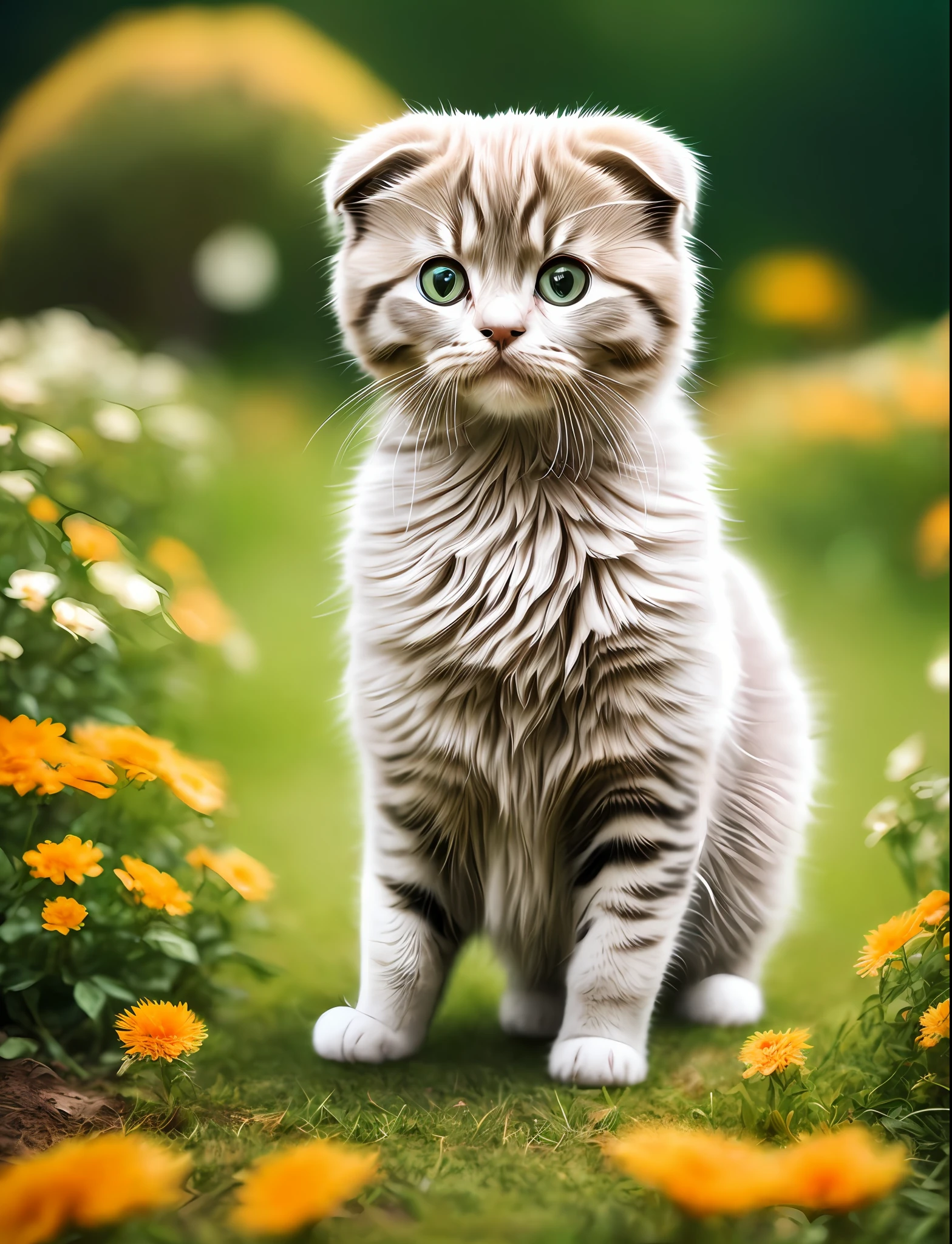 a kitty, (cute), (kawaii), trippy, 8k, ultra details, surreal photography, paws, ((adorable)), lovely, HD, full body, garden flower background, fluffy, ((photo realistic)), nikon d850, rich color, kodak portra 400 camera, naive pose, (Scottish fold breed), super cute, looking at viewer, ((realistic))