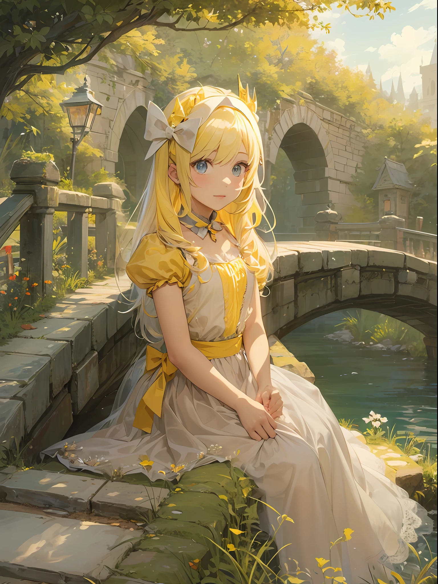 ultraclear,tmasterpiece, A girl,A princess,Yellow hair,With a bow on the head,pinkskirt,Under the small bridge