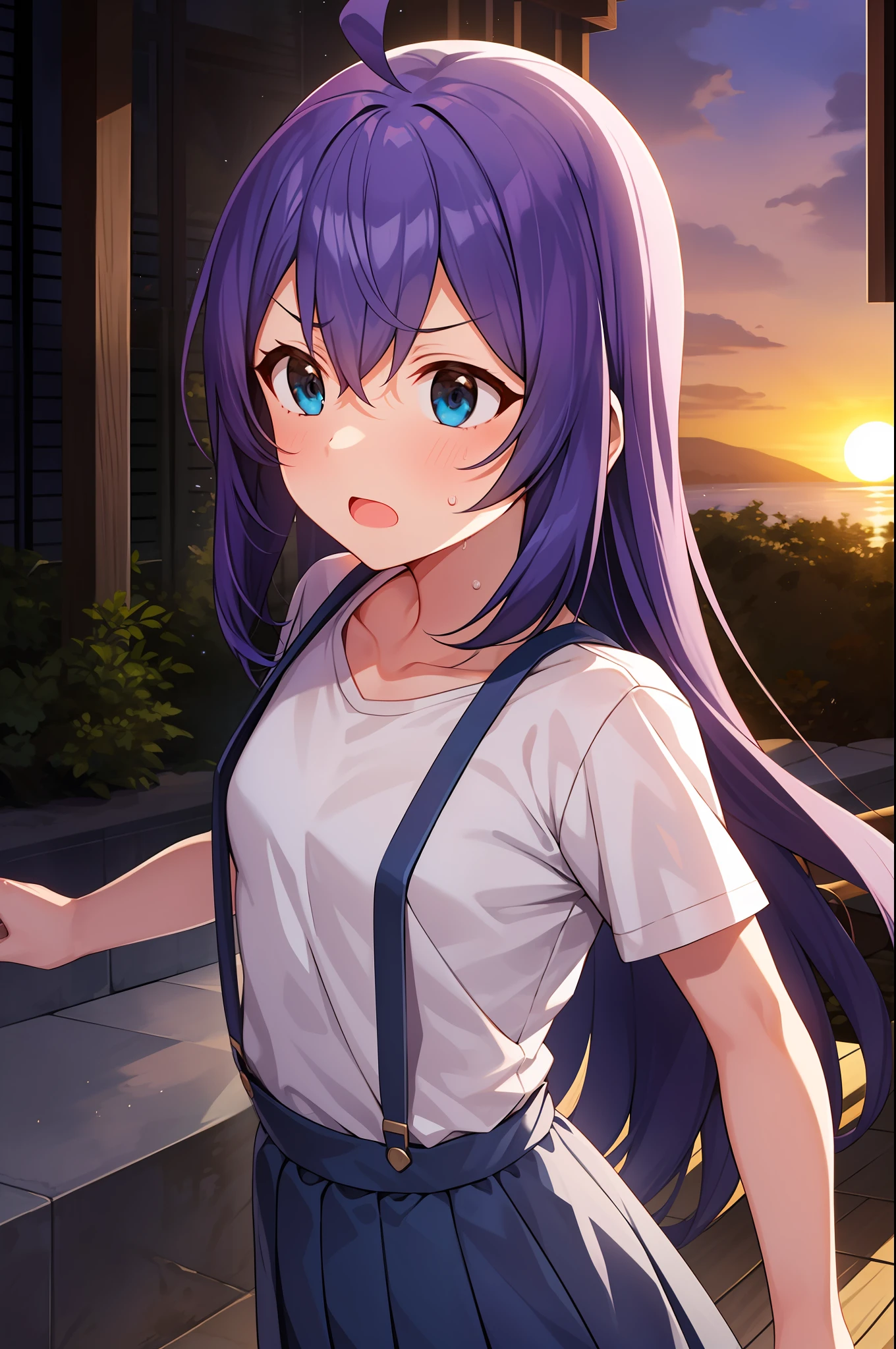 mochizuki anna,1girl in,Solo,Long hair,Purple hair,Medium chest.Ahoge,Blue eyes.Short stature.white t-shirts.suspenders.Skirt.Evening glow.the setting sun.Despair face.Sweat.Opening Mouth.up chest.Fighting stance.