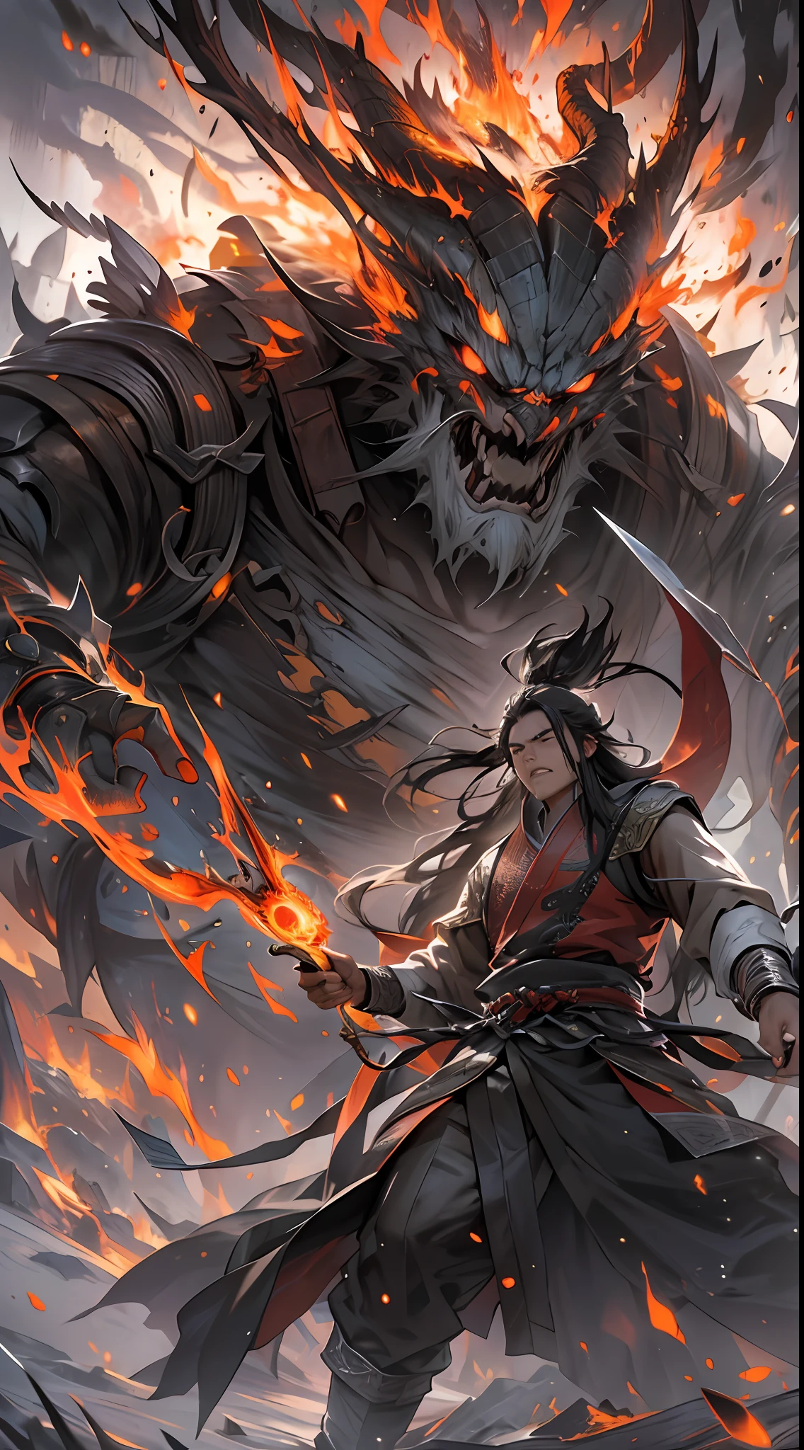 Li Gu bravely faces the self-destruct challenge of the giant evil spirit, his body severely scorched, but he is still alive. There is a look of determination and pain on his face, surrounded by a heroic aura, , 32k, best quality, masterpiece, super detail, high details,