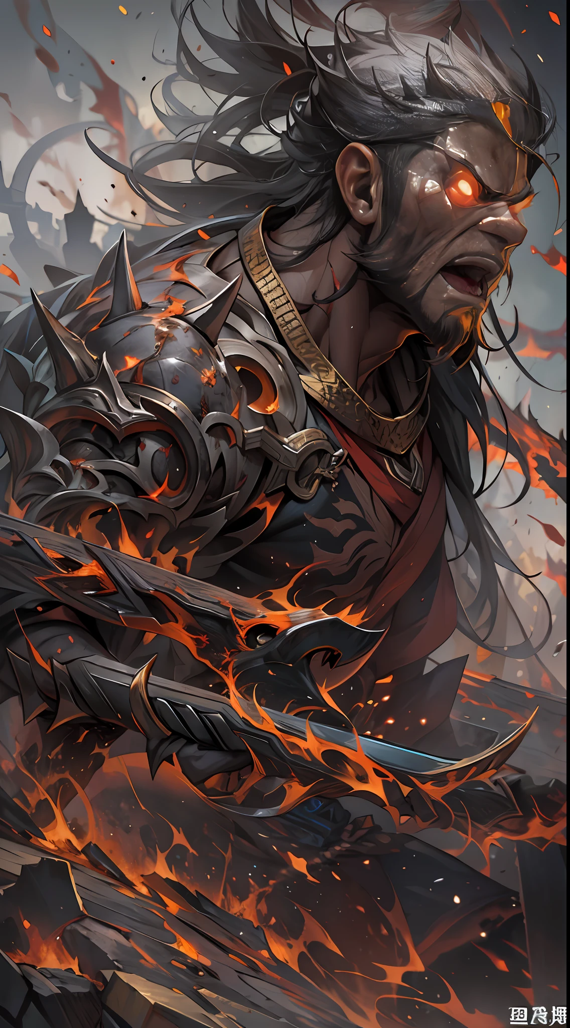 Li Gu bravely faces the self-destruct challenge of the giant evil spirit, his body severely scorched, but he is still alive. There is a look of determination and pain on his face, surrounded by a heroic aura, , 32k, best quality, masterpiece, super detail, high details,