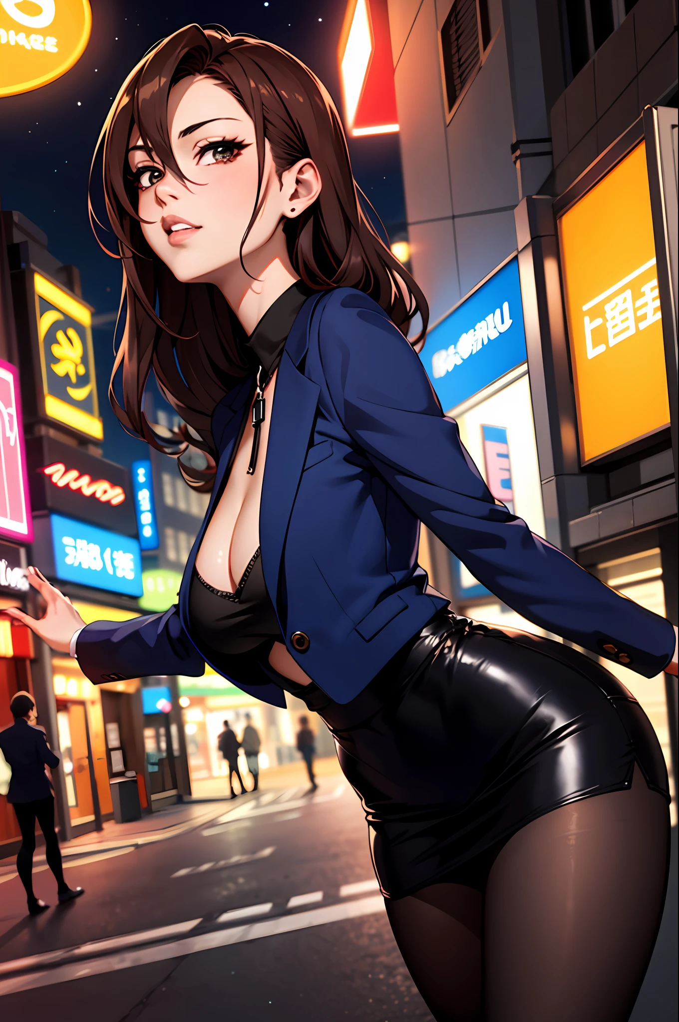 Bewitching anime girl in blue suit and tight skirt、Black tights,Inviting look、black top and brown hair,,Ecchi anime style,  bending forward,Kamimei,Red Light District at Night,neons