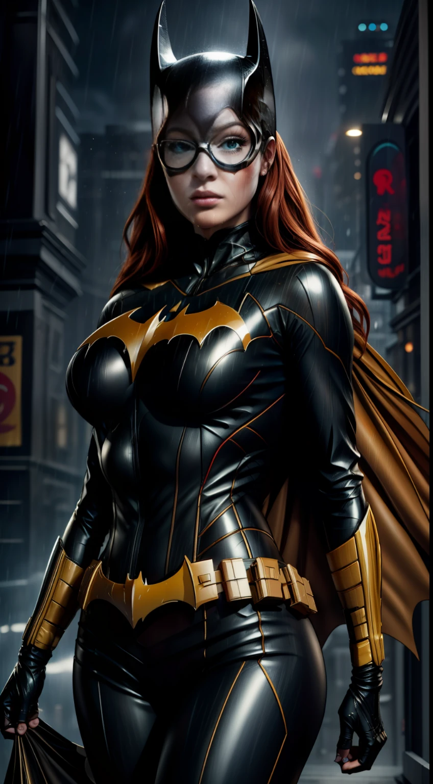 barbara gordon, anime, beauty, Batgirl clothes, Batgirl cosplay, wind effect, full body photo, prominent figure, standing on the edge of a skyscraper, night, photo (Masterpiece) (Best quality) (Detail) (8K) (HD) (Wallpaper) (Cinematic lighting) (Sharp focus) (Intricate), sexy, rain, wet, rays, best quality, ultra high resolution, photorealistic, full body portrait, incredibly beautiful,  dynamic poses, detailed skin texture, highly detailed skin, detailed face,