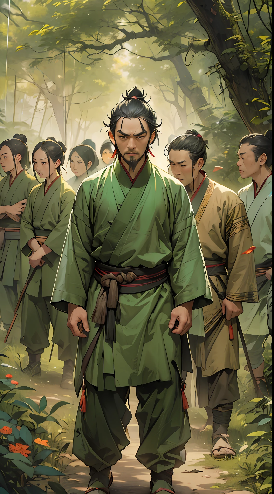 Members of the Ling Shan group walking out of a dense forest, exhausted and sweaty. Li Gu stands in their midst, with a calm and determined expression on his face. Representatives of other forces stand in the distance, their eyes filled with contempt and ridicule, , 32k, best quality, masterpiece, super detail, high details,