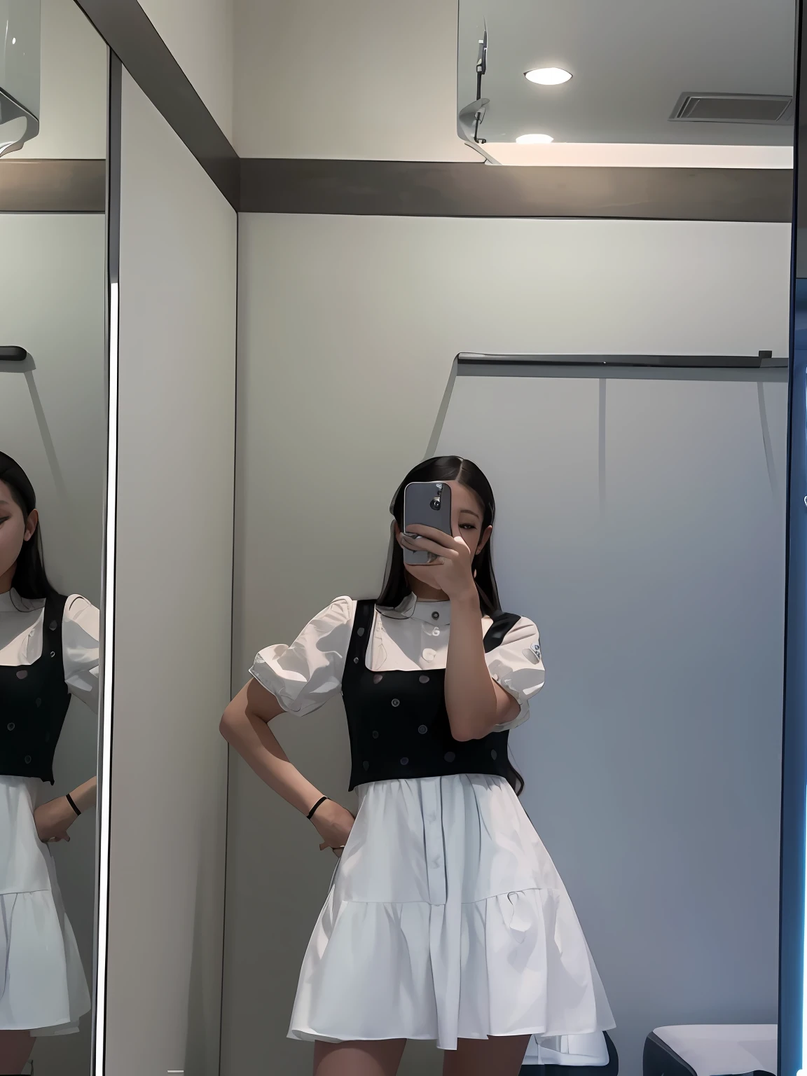 There is a woman holding an AK47 rifle in a maid outfit in the mirror, Maid dress, wearing a fisher 🧥, 😭 🤮 💕 🎀, jisoo from blackpink, outfit photograph, wearing dresses, item, wearing a white folkdrakt dress, Mirror selfie, maid costume, 🔞🤡, Loli, Very high quality background cyberpunk style --auto