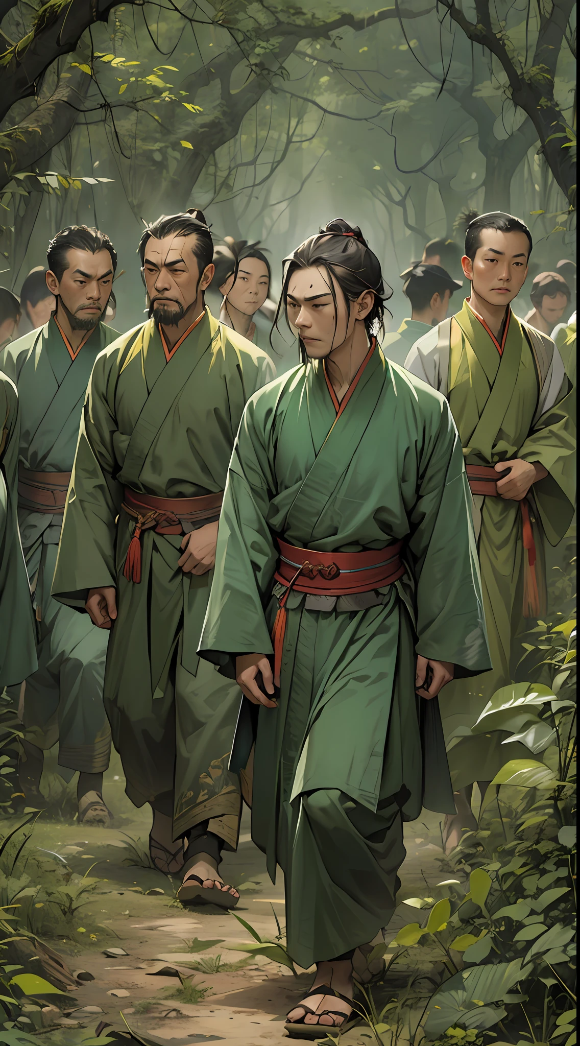 Members of the Ling Shan group walking out of a dense forest, exhausted and sweaty. Li Gu stands in their midst, with a calm and determined expression on his face. Representatives of other forces stand in the distance, their eyes filled with contempt and ridicule, , 32k, best quality, masterpiece, super detail, high details,
