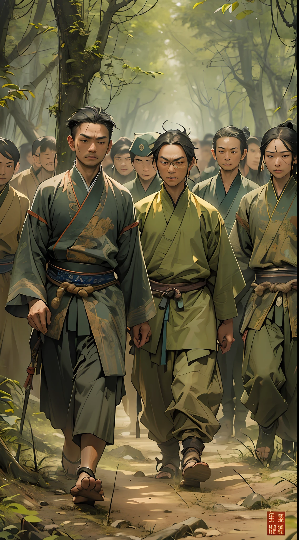 Members of the Ling Shan group walking out of a dense forest, exhausted and sweaty. Li Gu stands in their midst, with a calm and determined expression on his face. Representatives of other forces stand in the distance, their eyes filled with contempt and ridicule, , 32k, best quality, masterpiece, super detail, high details,