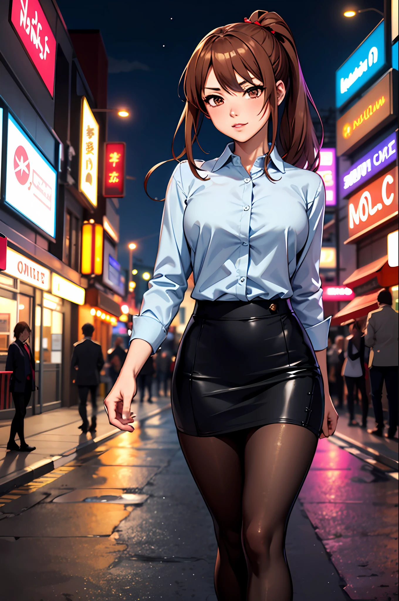 Bewitching anime girl in blue suit and tight skirt、Black tights,Inviting look、Buttoned shirt and brown hair,Ecchi anime style,  bending forward,Kamimei,Red Light District at Night,neons