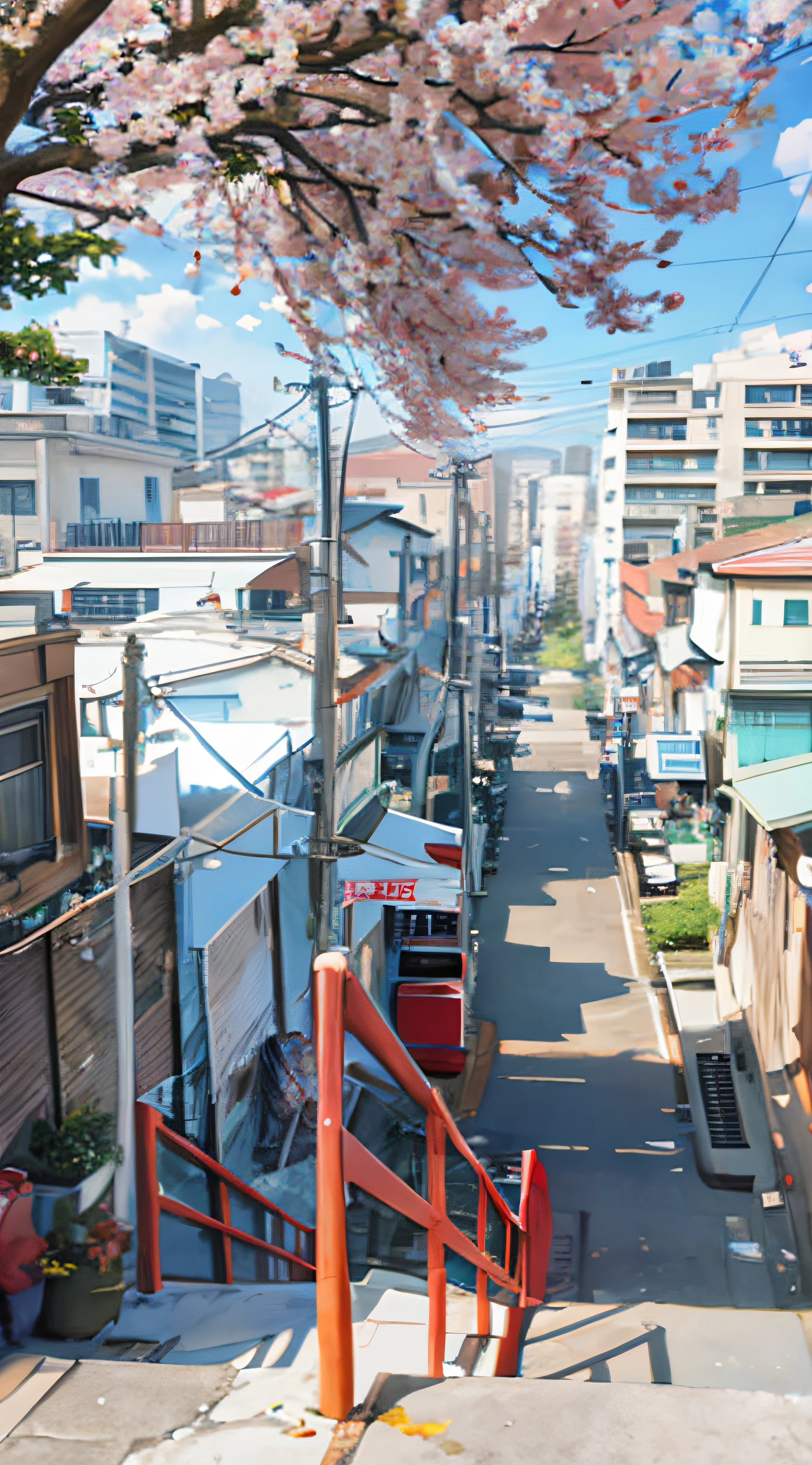 there is a bus that is driving down the street,There is a cherry blossom tree, street japan, japanese neighborhood, japanese downtown, tokyo alleyway, residential area, tokyo - esque town, Tokyo Street, tokyo street cityscape, in narrow tokyo alleyway, tokyo street background, photograph of the city street, Japan city, japanese town, sakimichan hdri, street top view